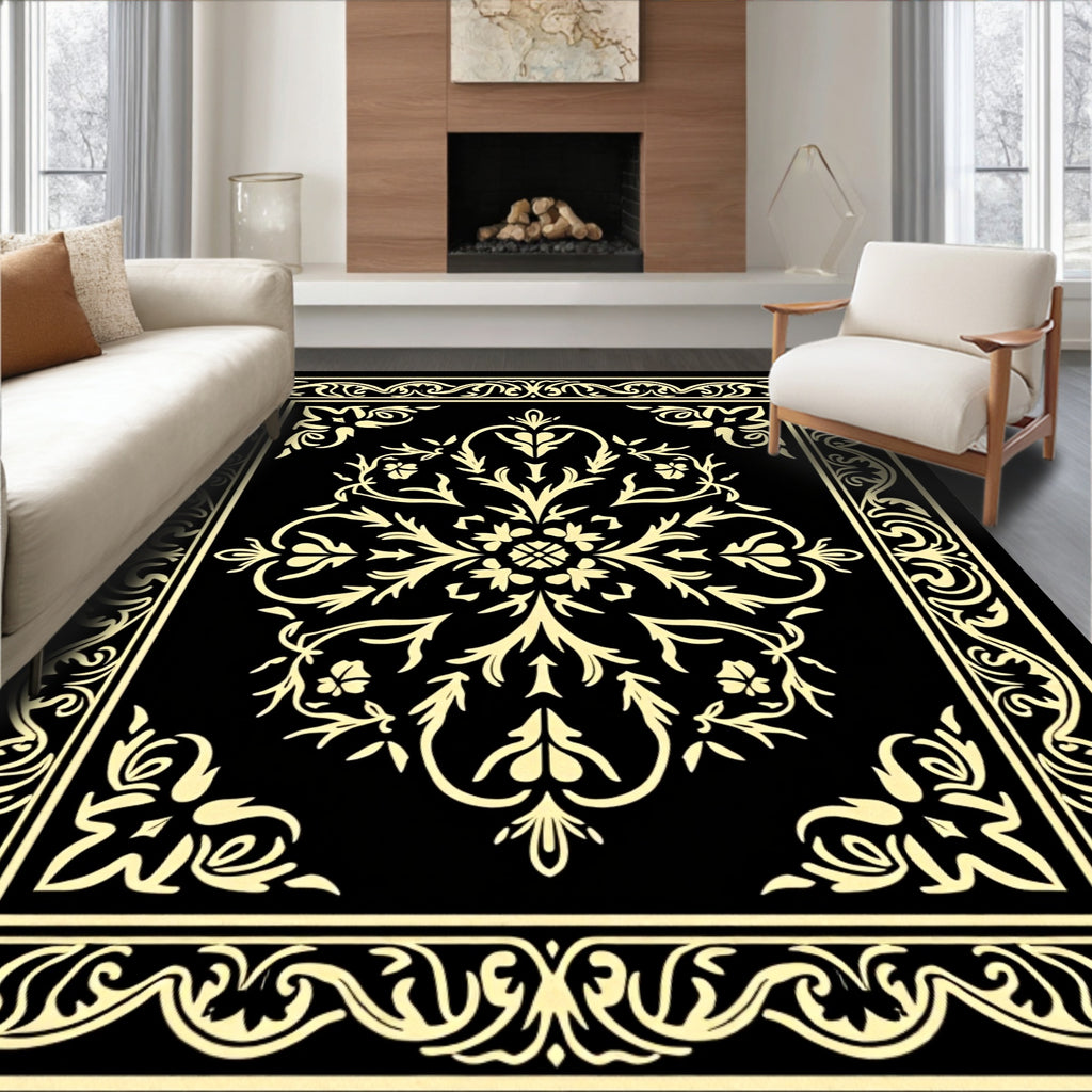 Ornamental Black Gold Floral Pattern Rug