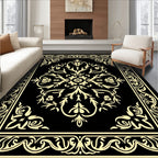 Ornamental Black Gold Floral Pattern Rug
