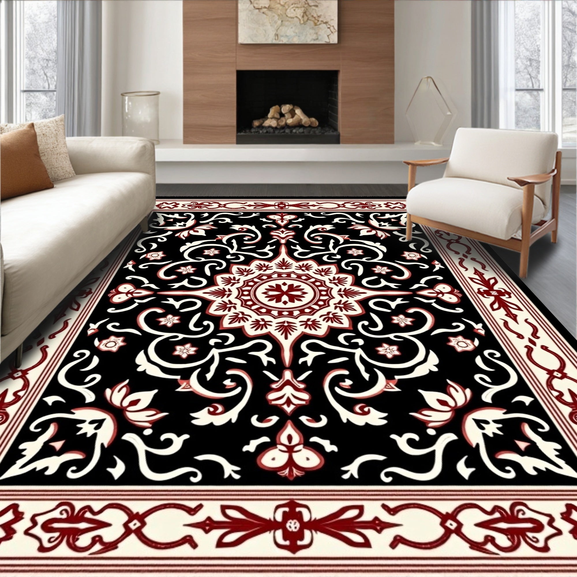 Classic Red White And Black Floral Rug
