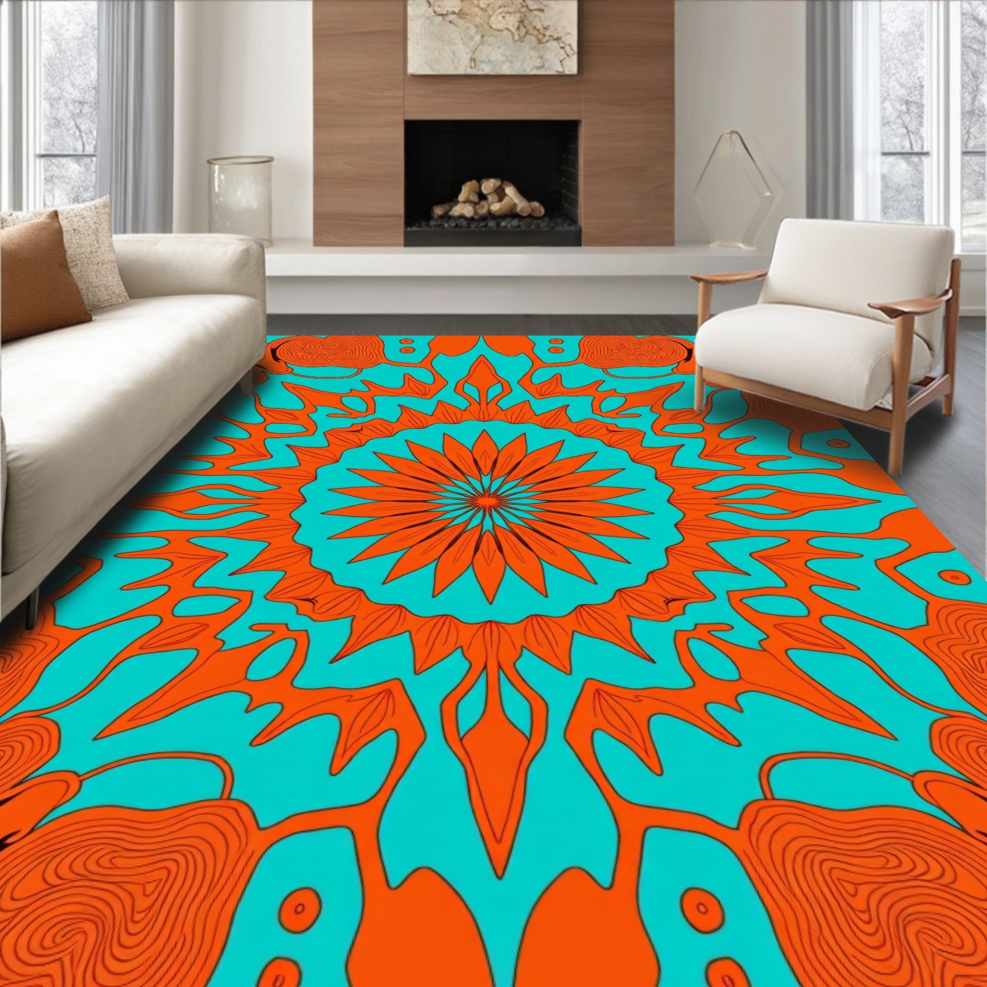 Symmetric Orange And Teal Mandala Design Rug
