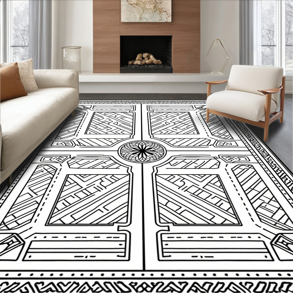 Abstract Geometric Maze Line Art Rug