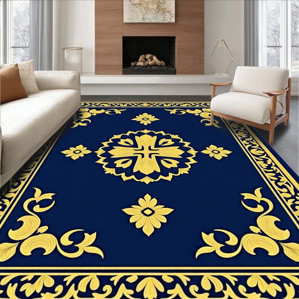 Royal Blue Gold Floral Emblem Rug