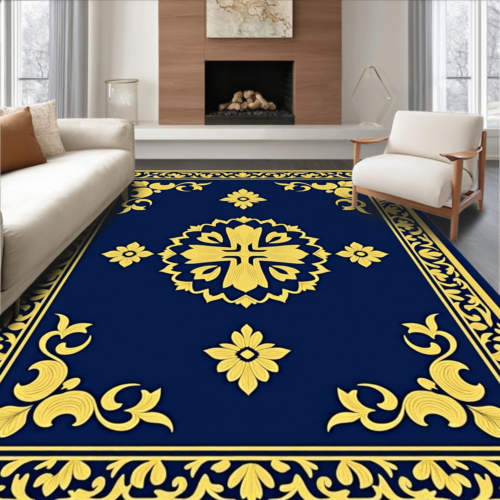 Royal Blue Gold Floral Emblem Rug