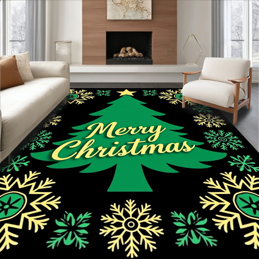 Green Festive Christmas Tree Snowflake Border Rug