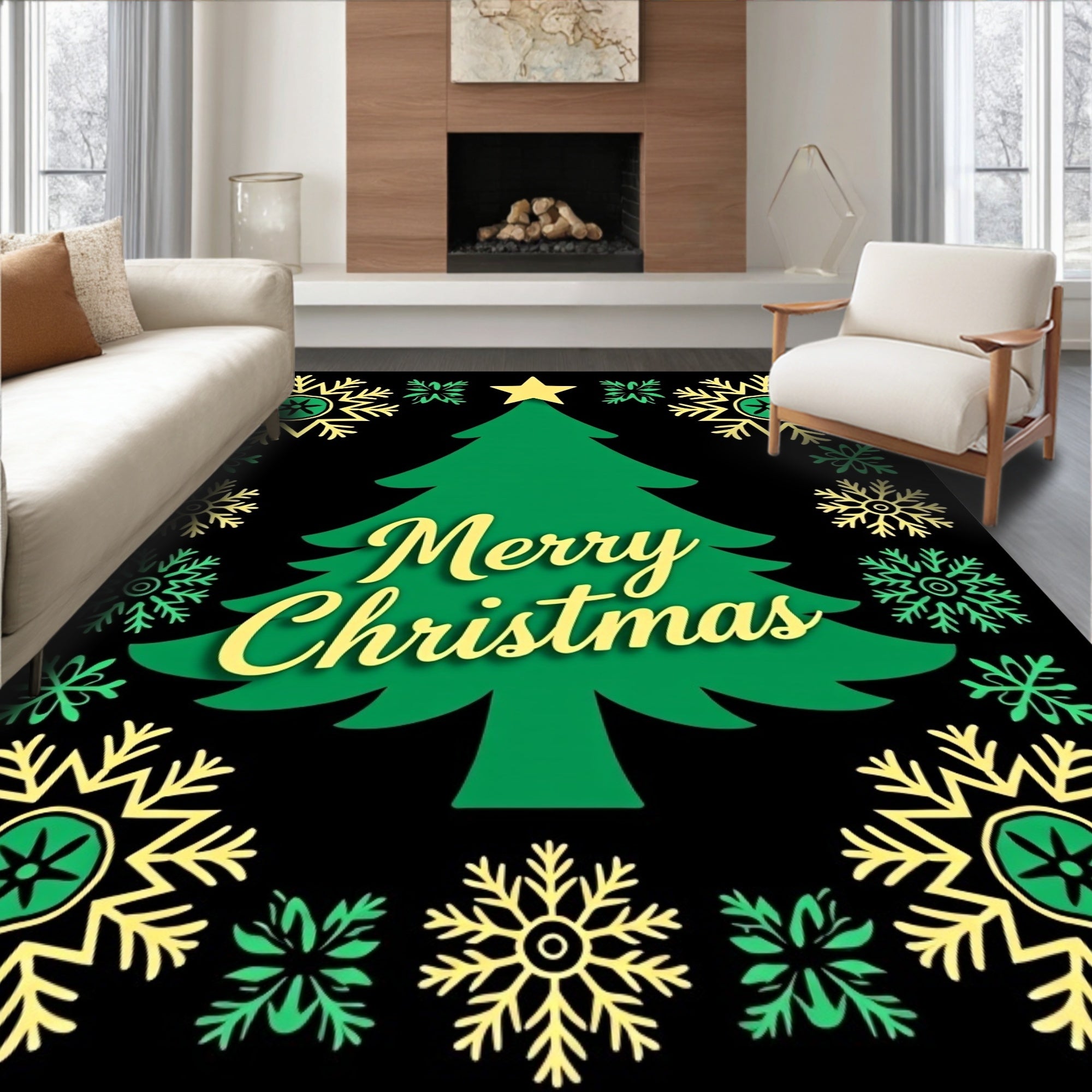 Green Festive Christmas Tree Snowflake Border Rug