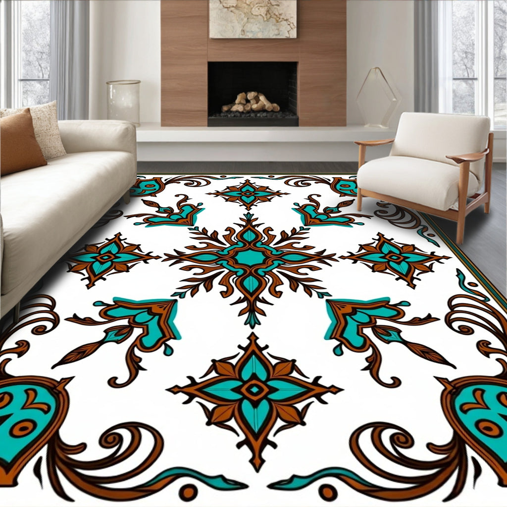 Ornate Teal Brown Floral Medallion Pattern Rug