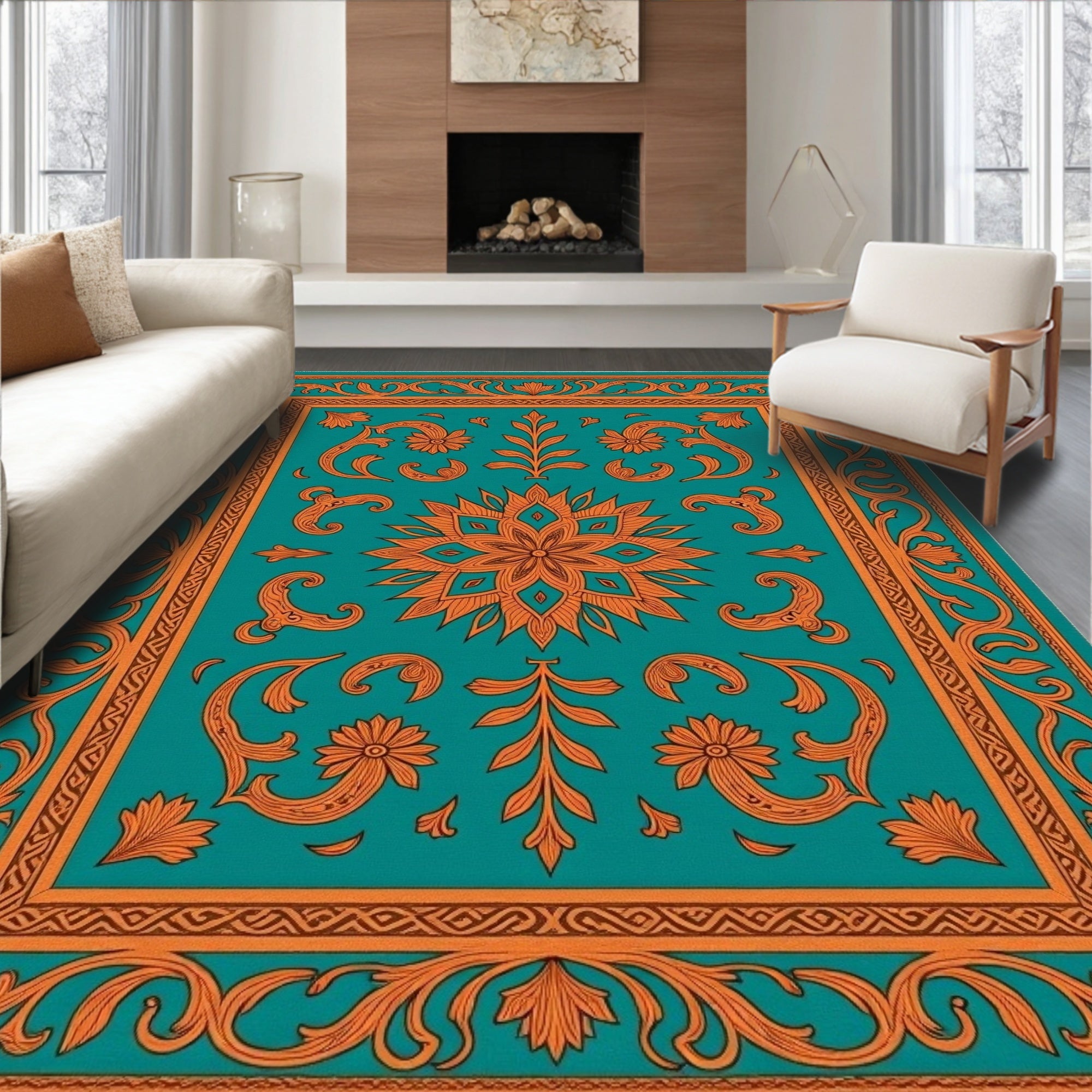 Ornate Teal Orange Floral Pattern Rug