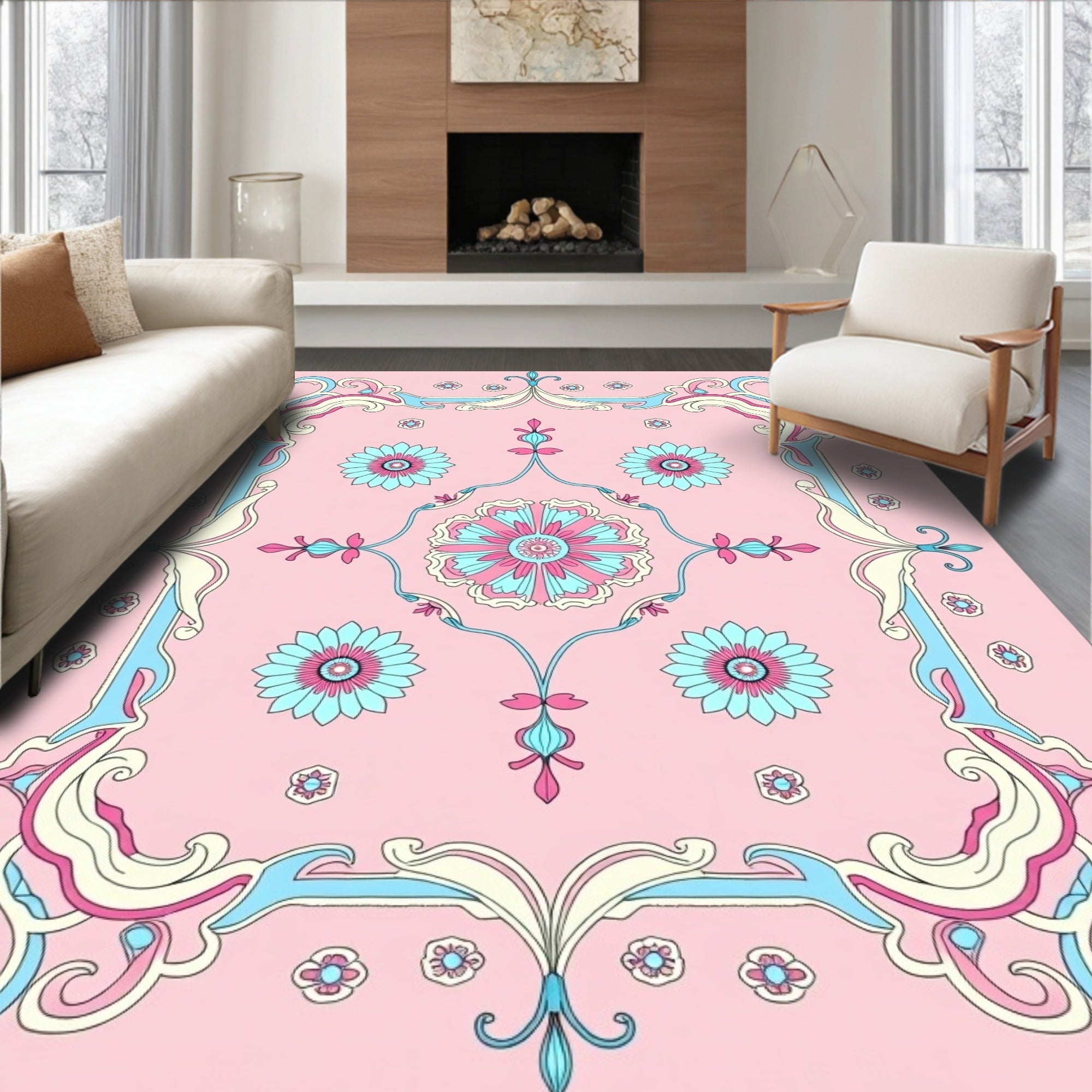 Pink Floral Swirl Patterned Garden Rug
