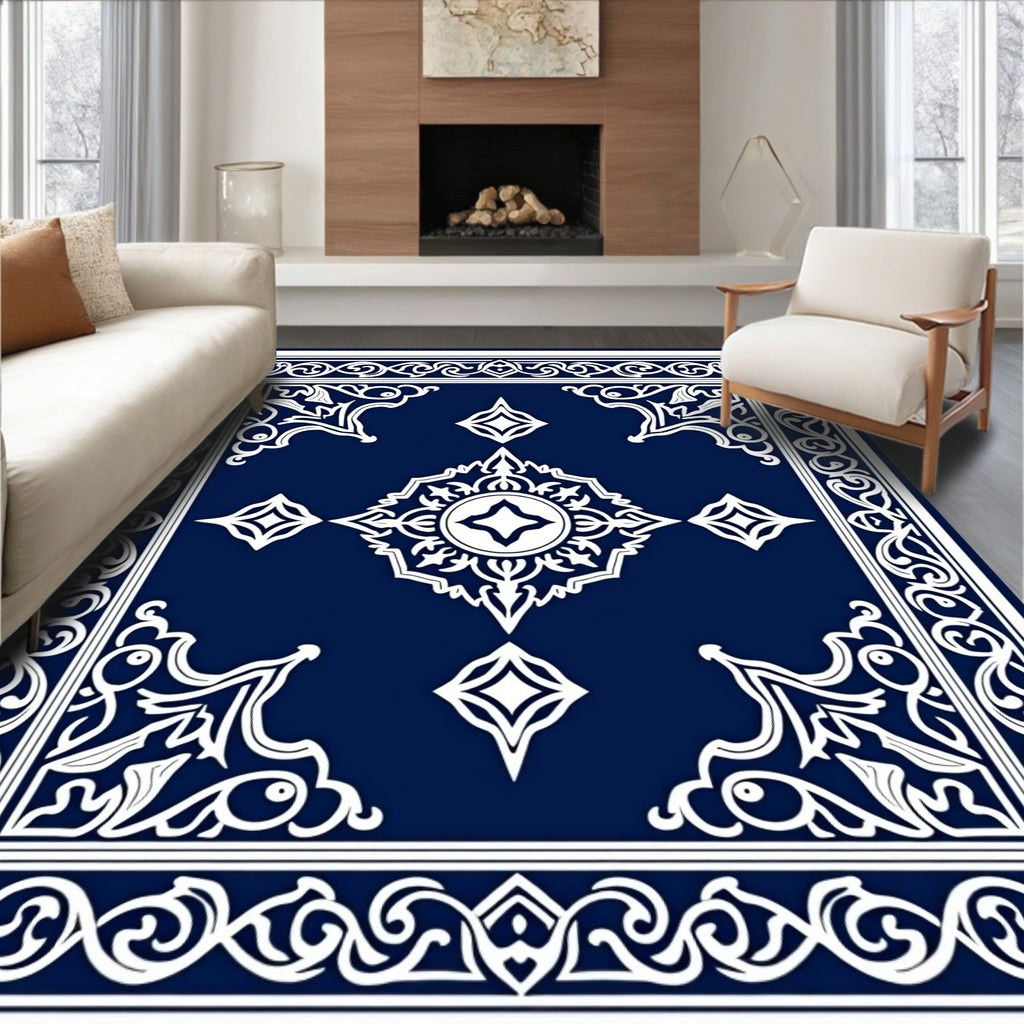 Ornate White Cobalt Indian Motif Rug