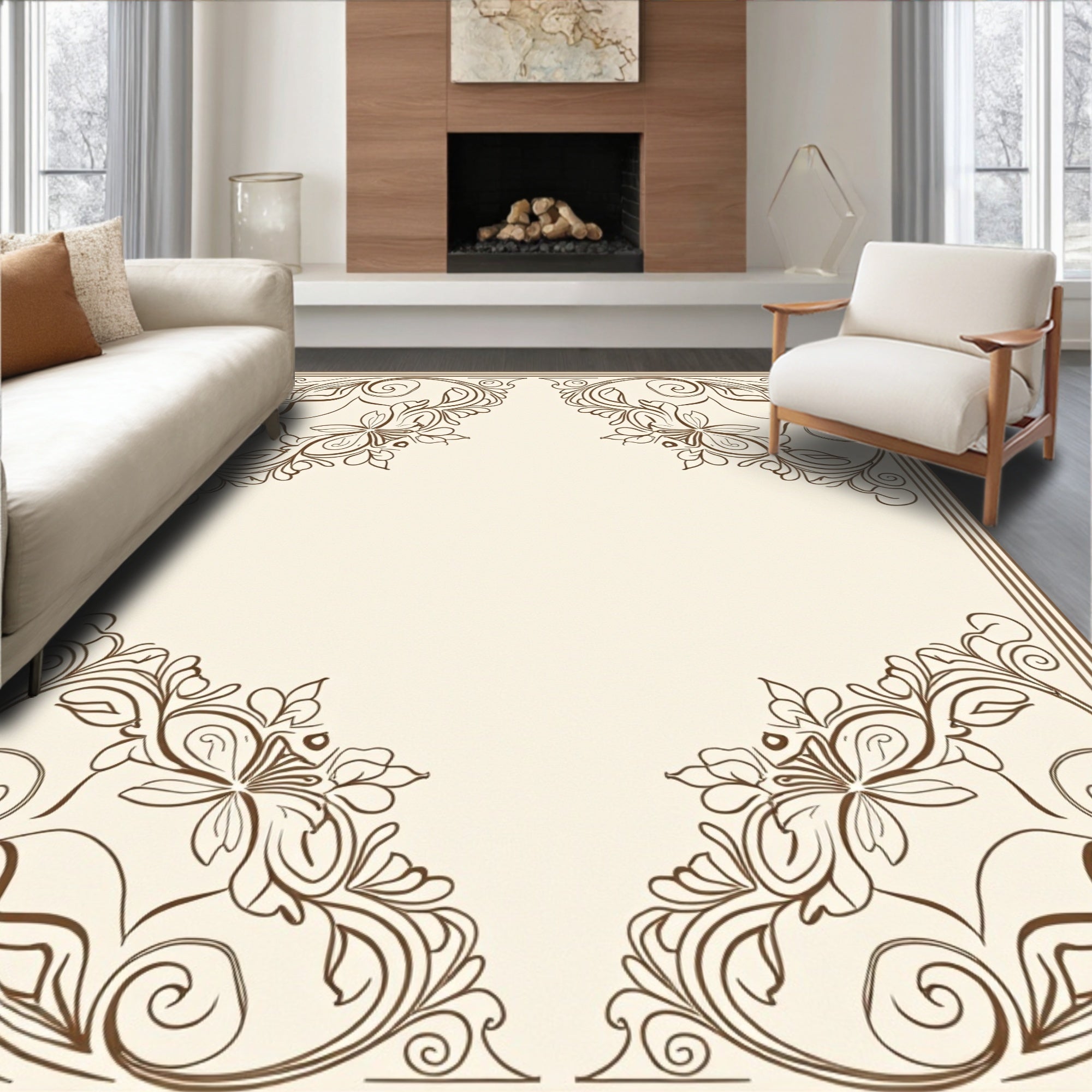 Elegant Floral Scroll Corner Design Rug