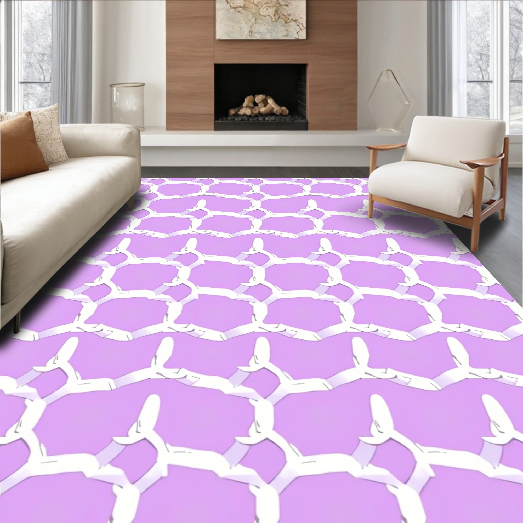 White Abstract Geometric Patterned Rug