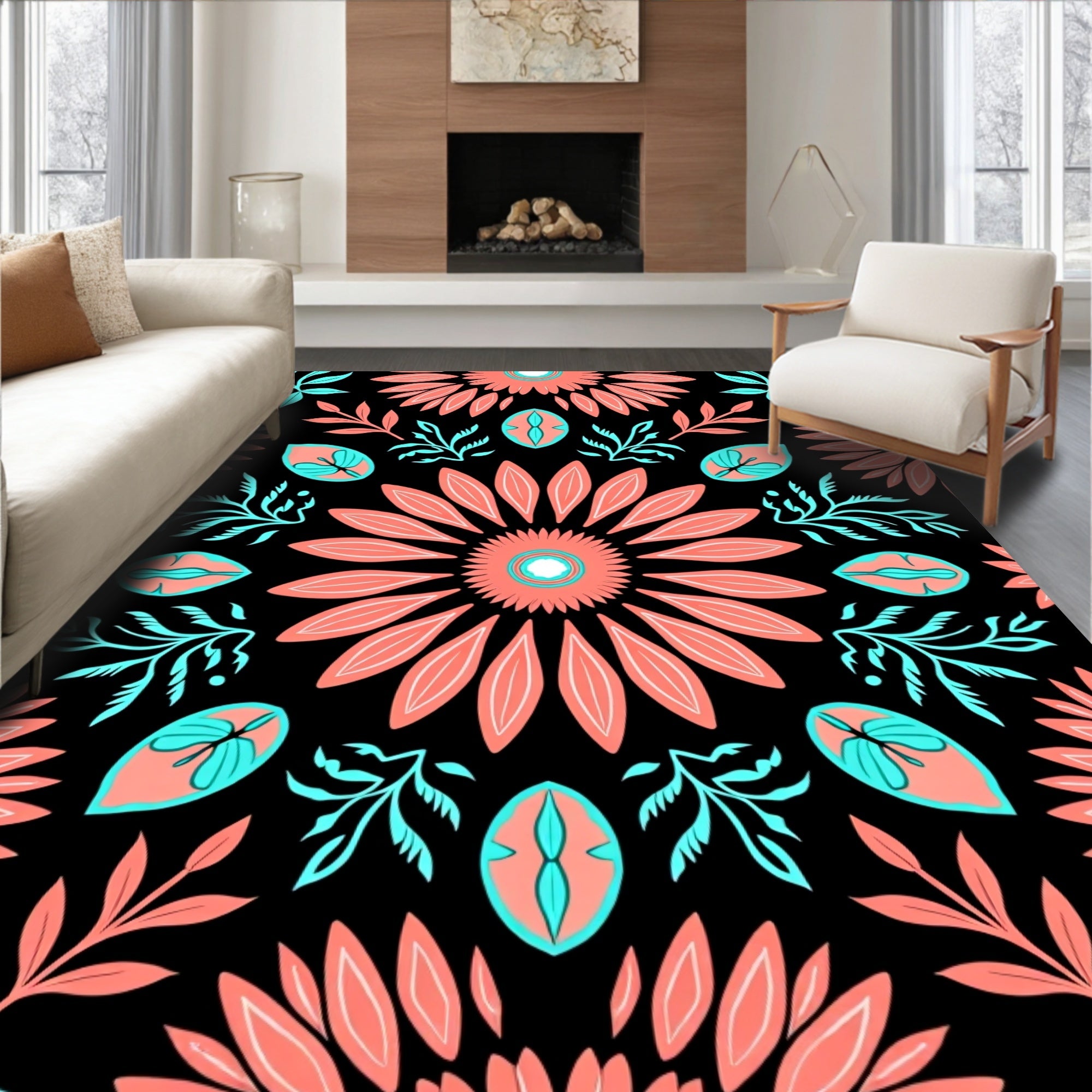 Coral Teal Floral Burst Pattern Rug