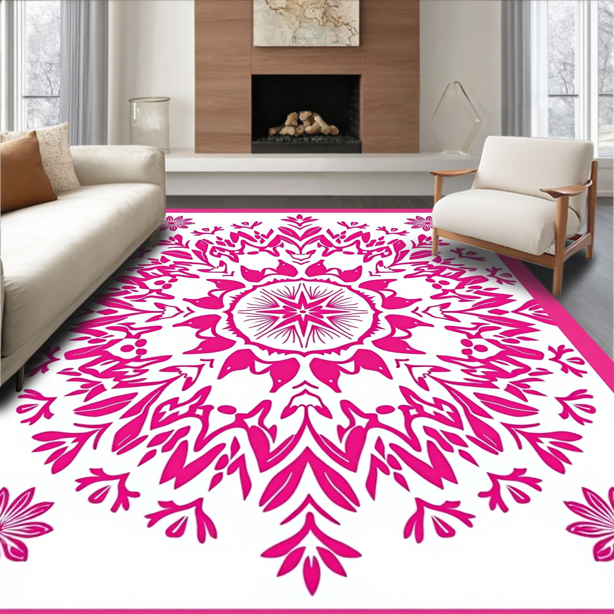Vibrant Pink Mandala Floral Design Rug