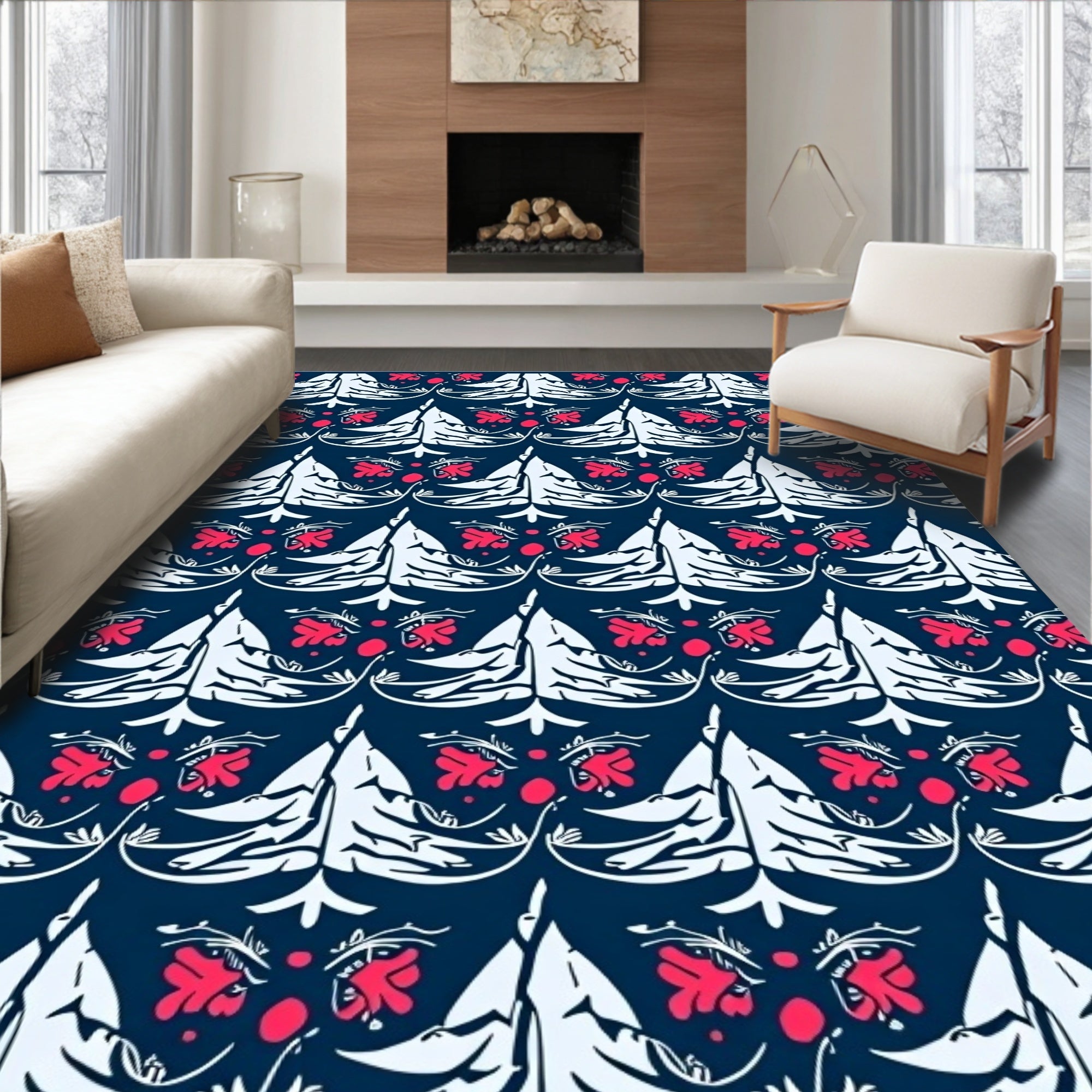 Dark Blue And Coral Floral Medallion Rug