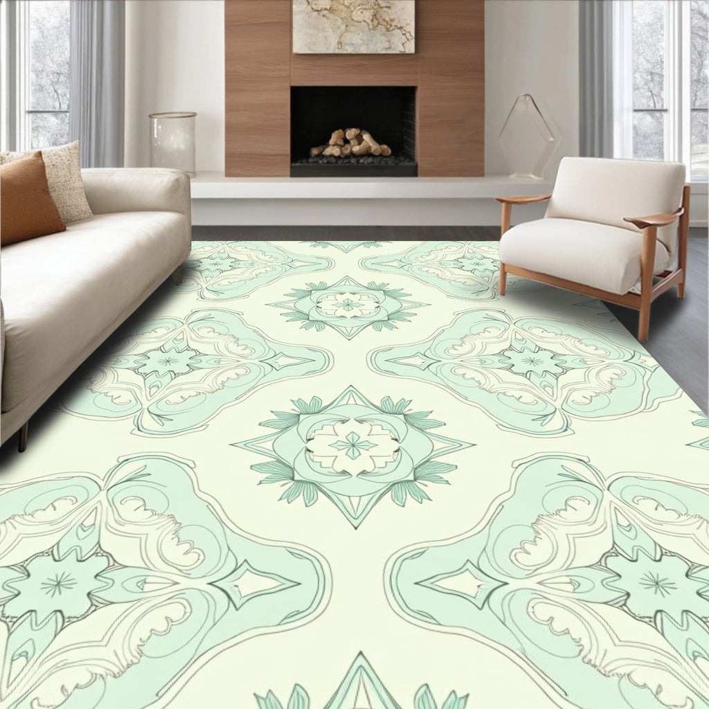 Soft Aqua Floral Mandala Pattern Rug