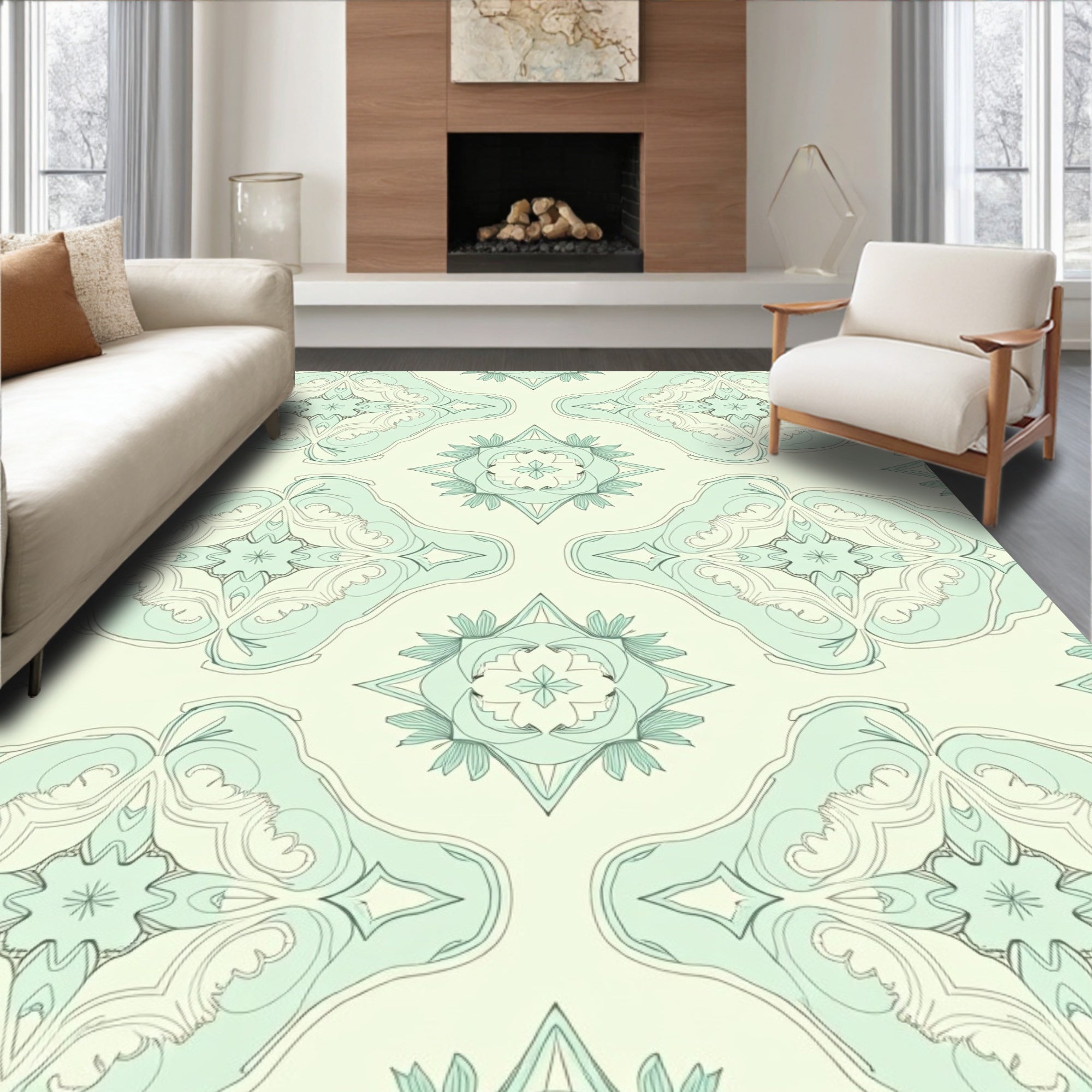 Soft Aqua Floral Mandala Pattern Rug