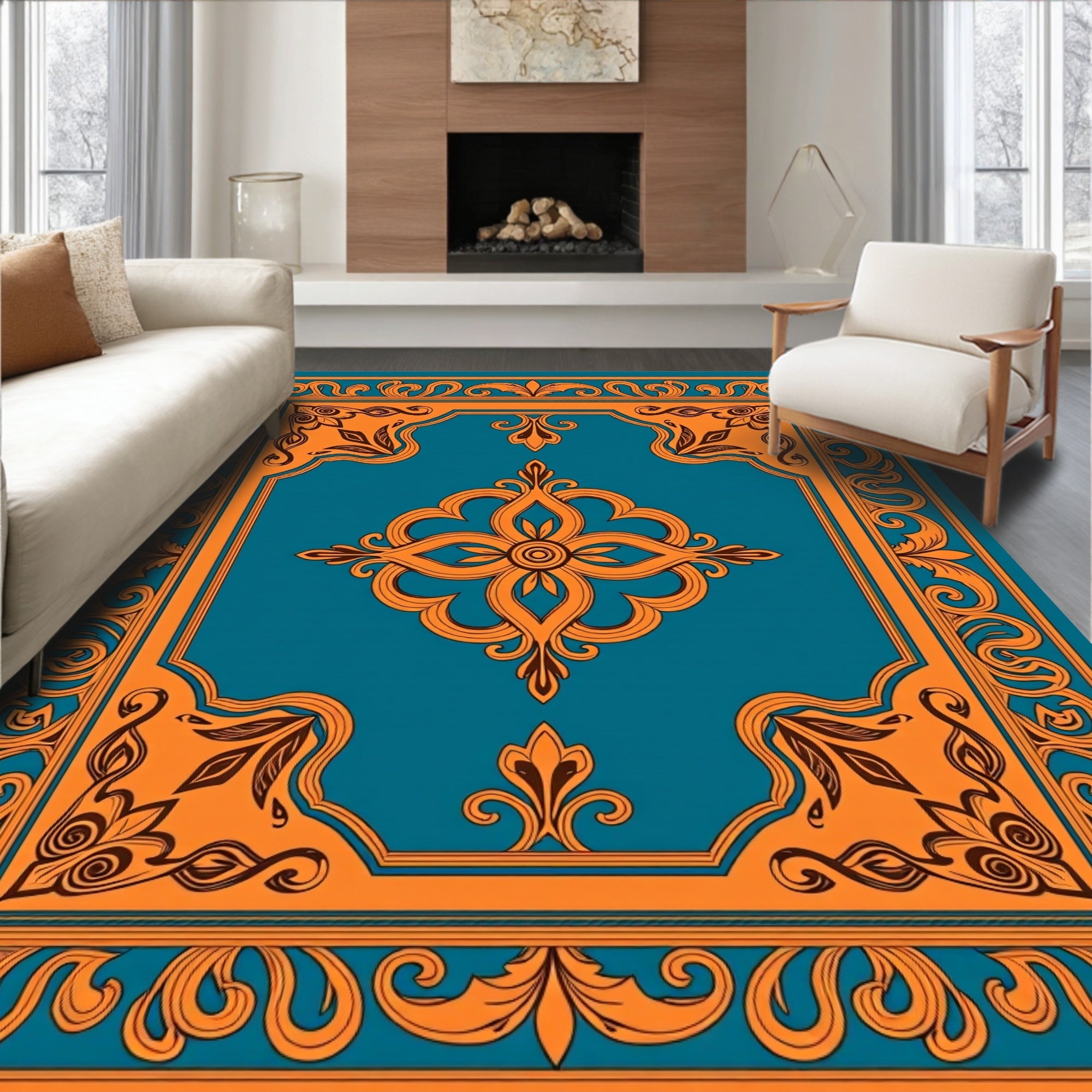 Intricate Orange Floral Teal Design Rug