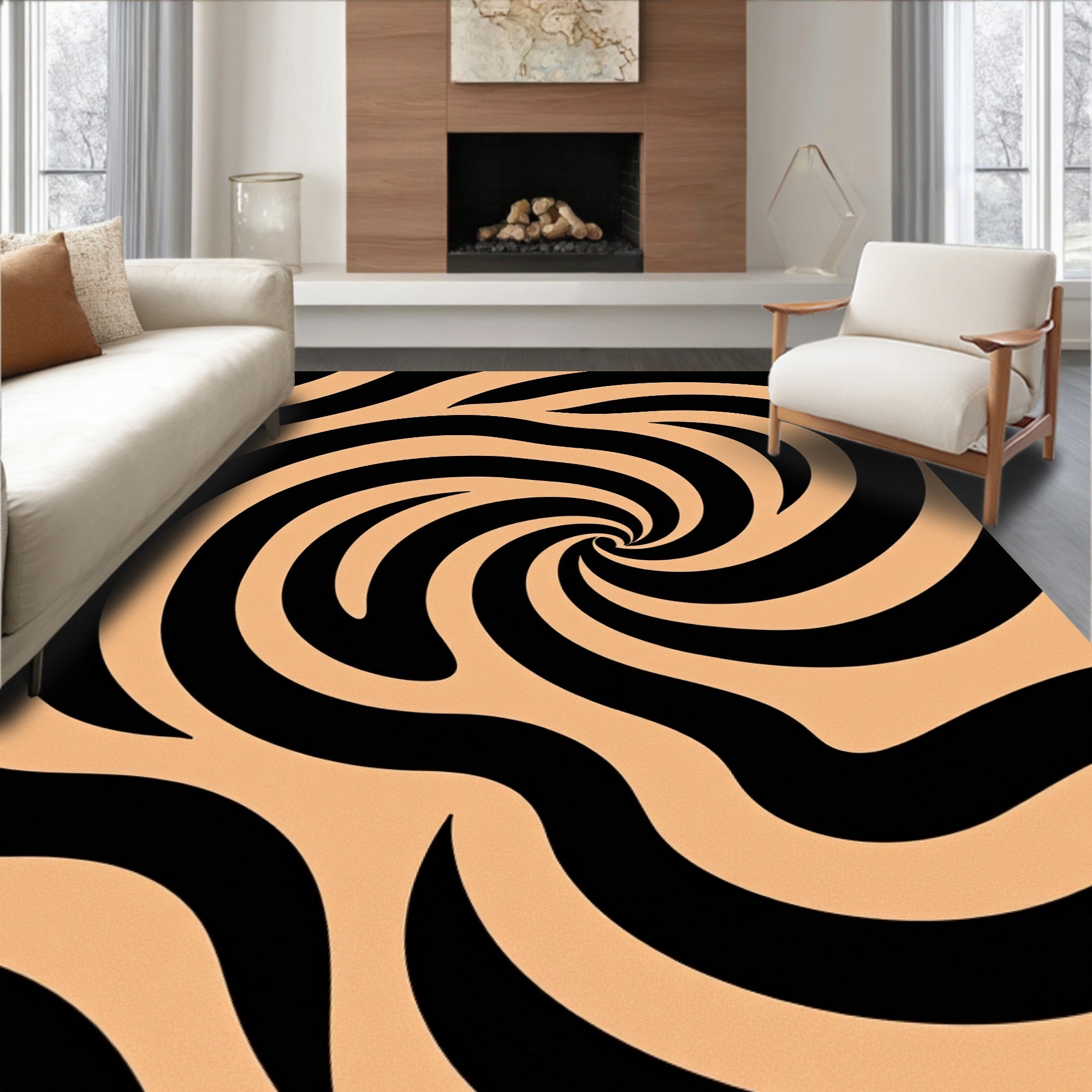 Black Swirl Patterned Graphic Rug