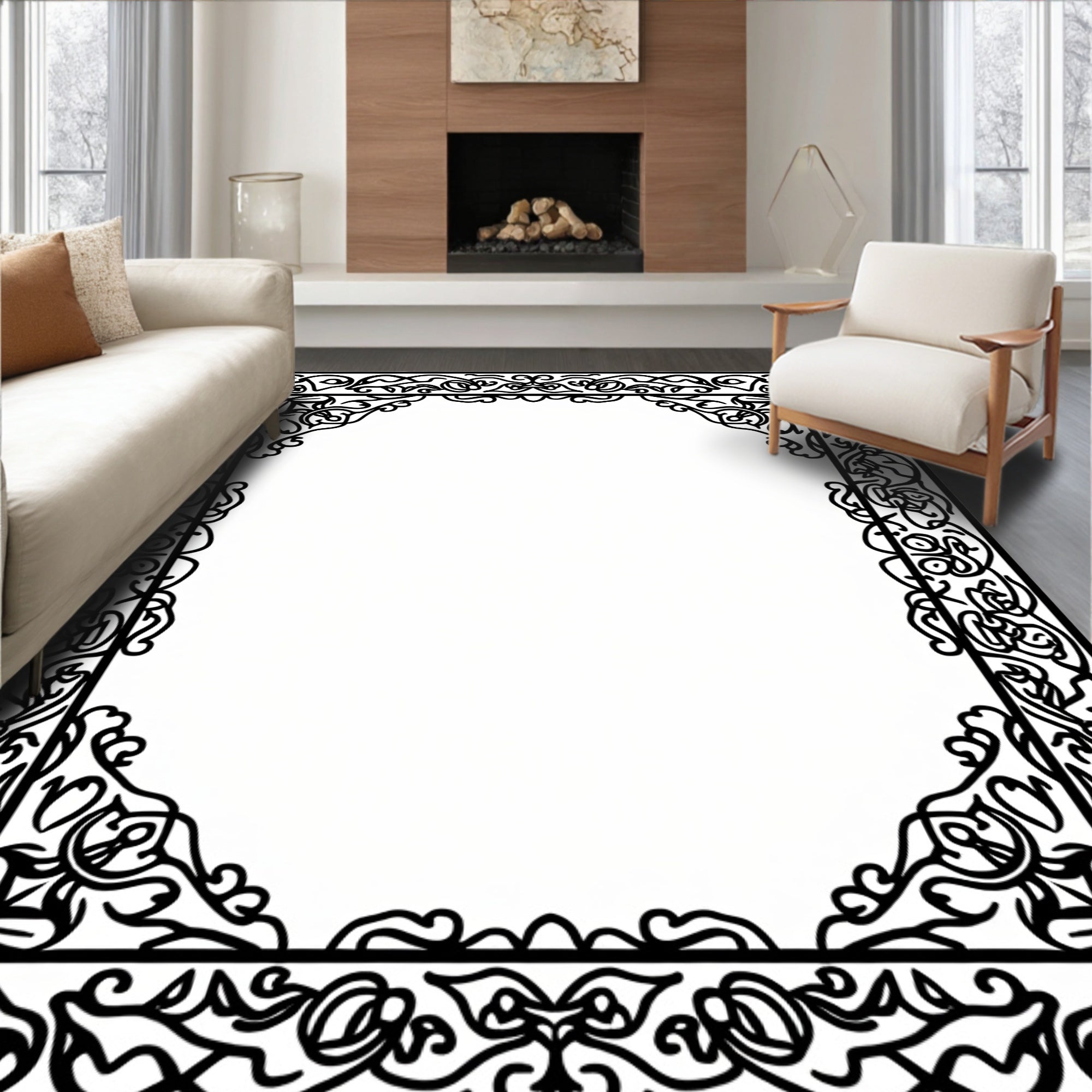 Ornate Black Swirl Border Design Rug