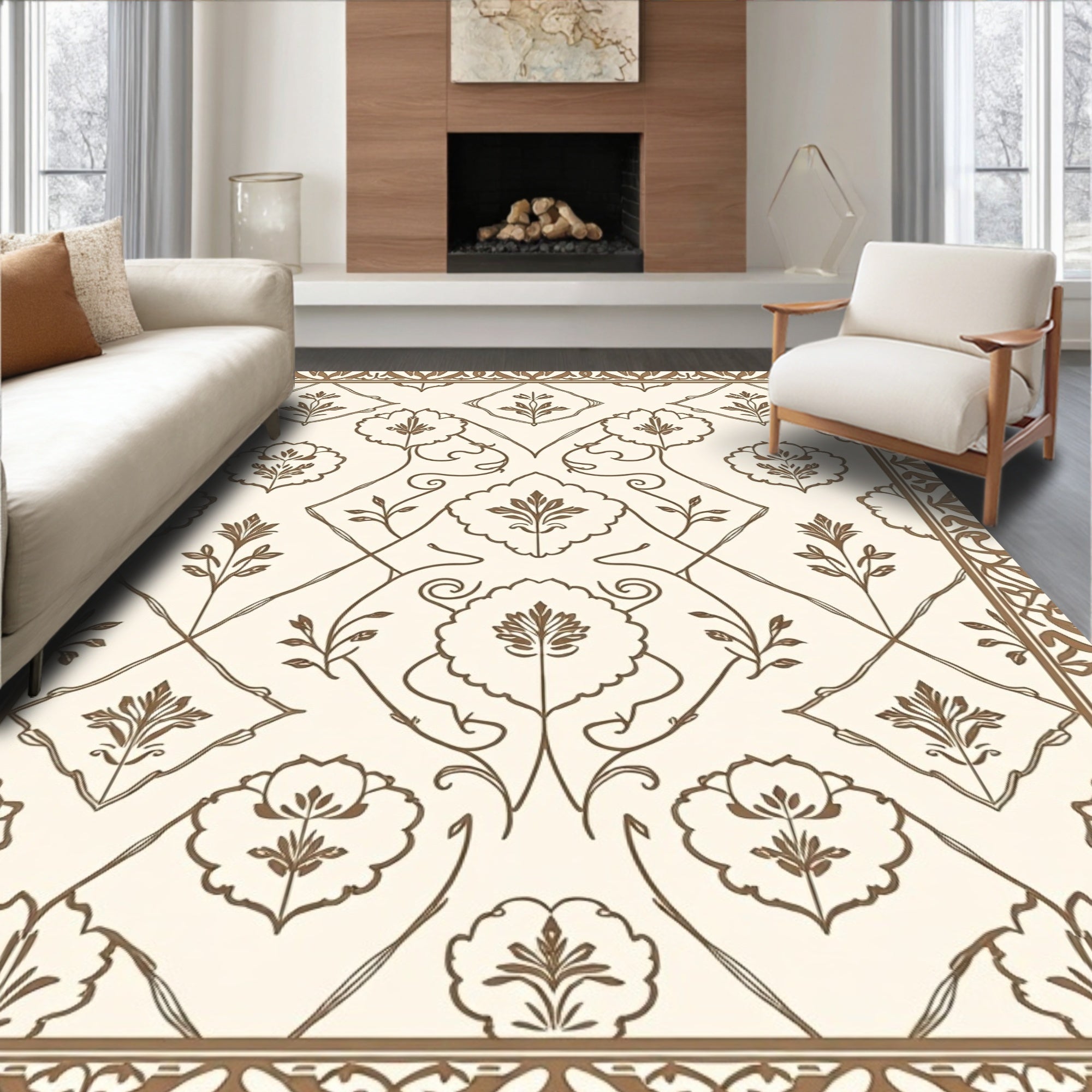 Brown floral damask ornate Rug