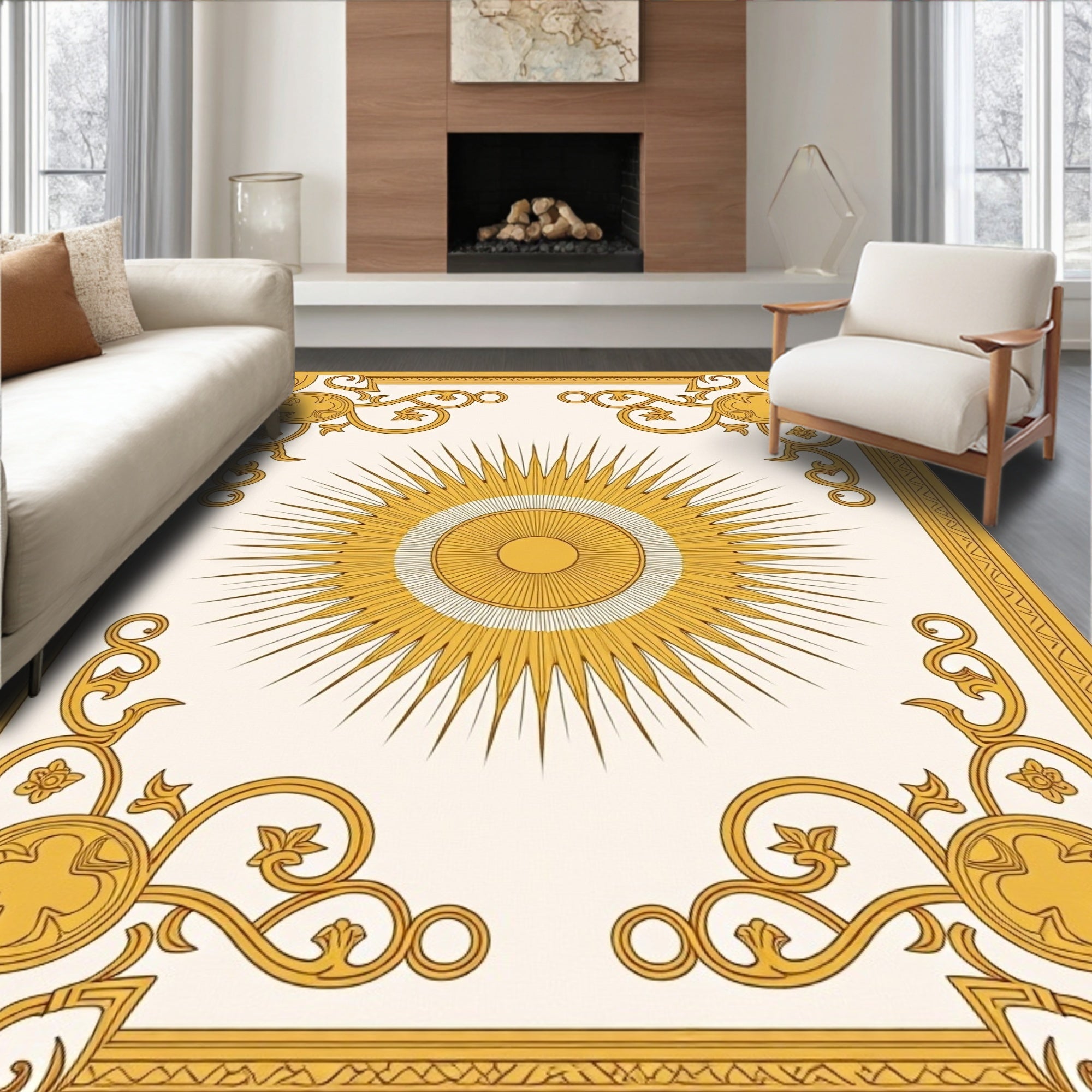Radiant Sunburst Ornate Scrollwork Design Rug