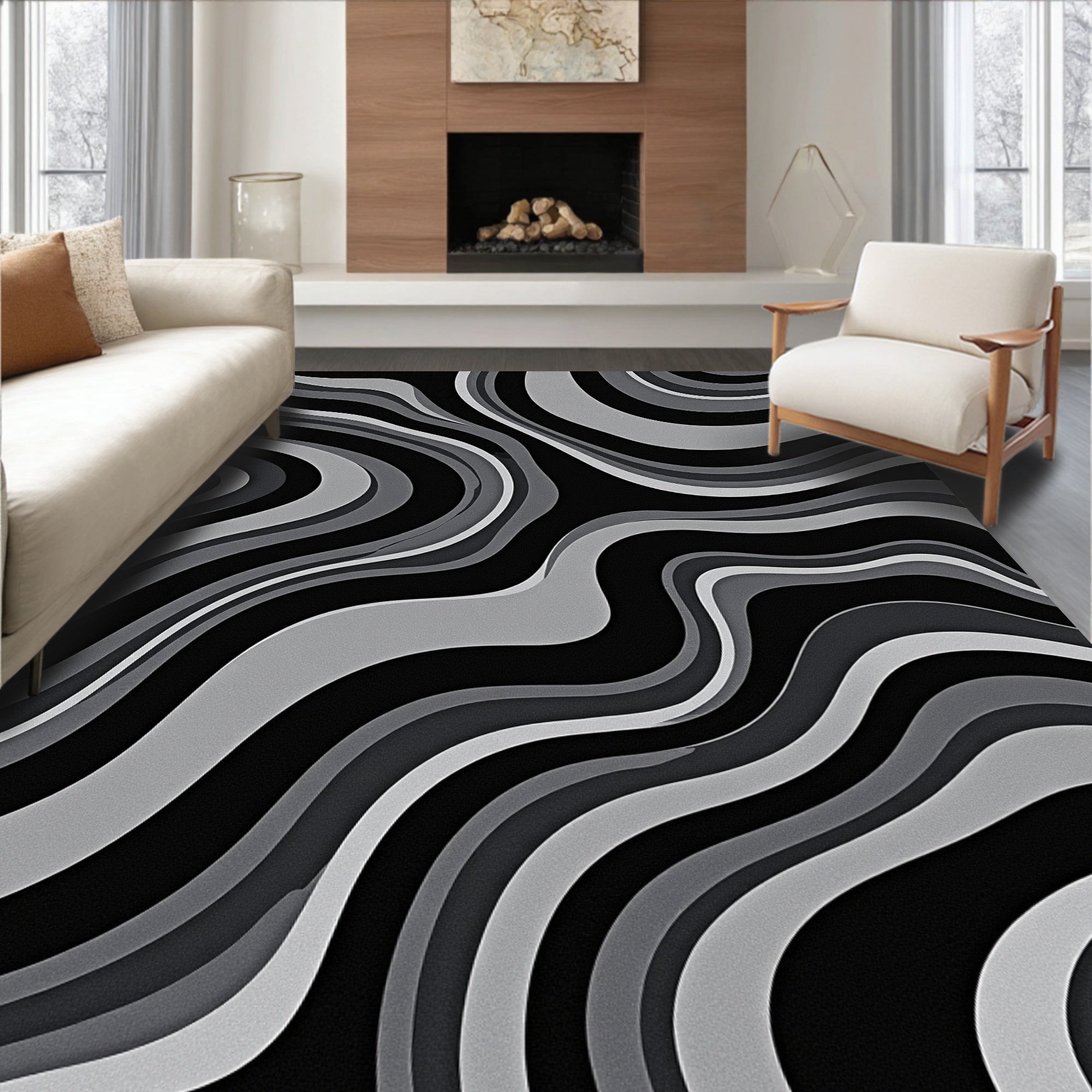Monochrome Abstract Wave Pattern Rug