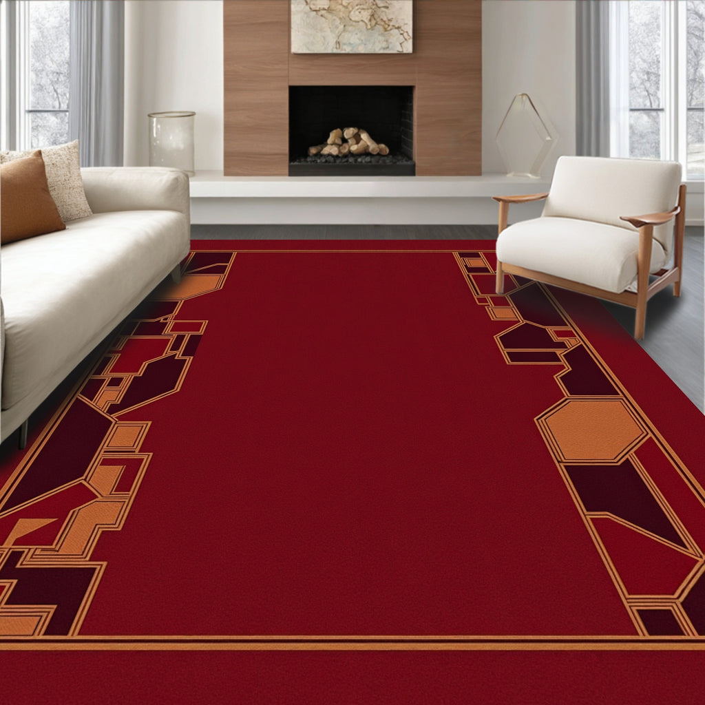 Geometric Bordered Crimson Pattern Rug
