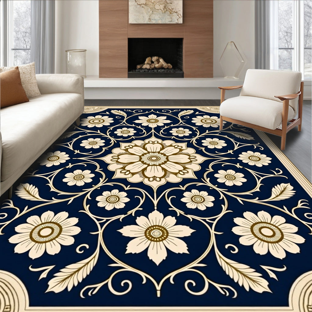 Classic Floral Medallion Navy Cream Rug