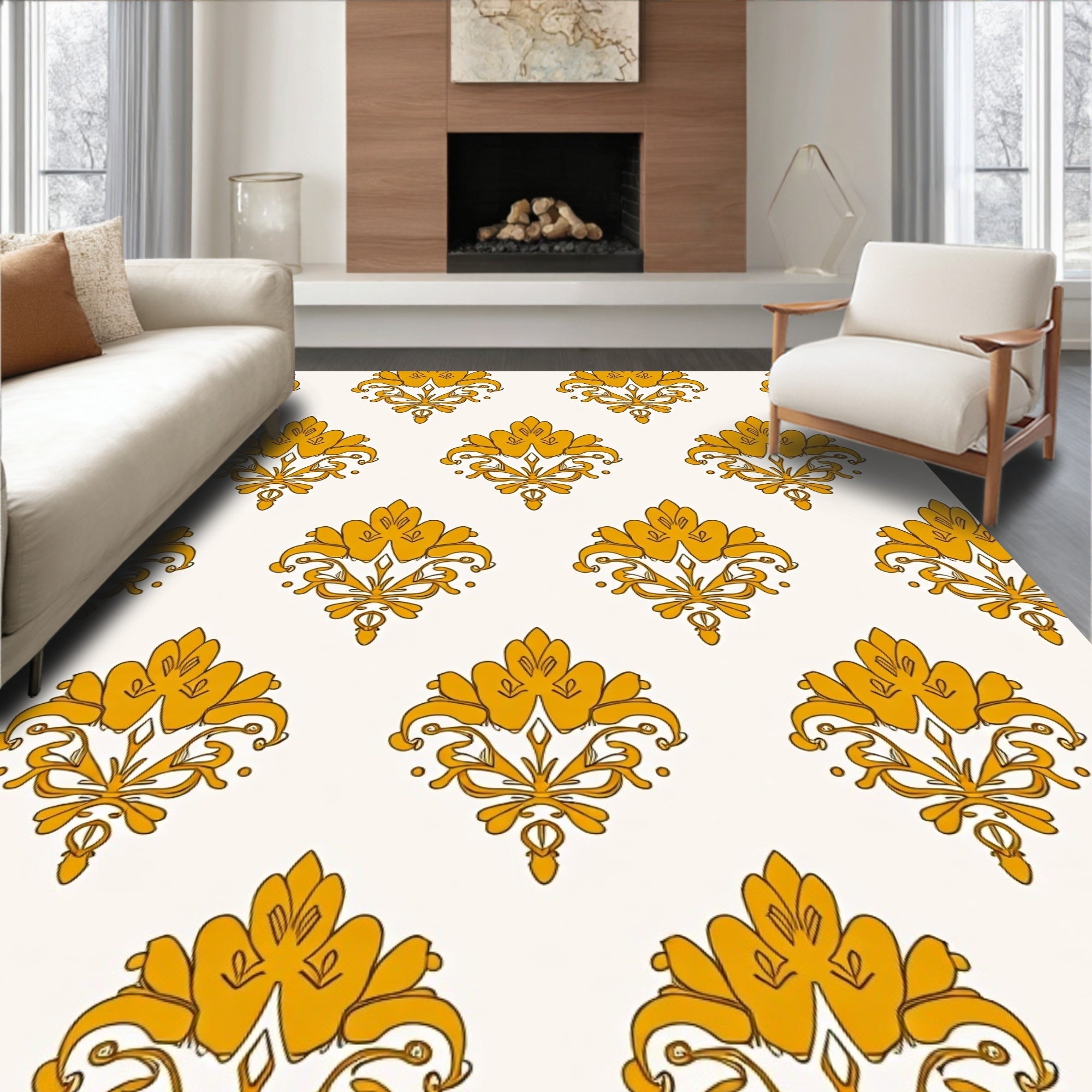 Golden Ornate Baroque Floral Pattern Rug
