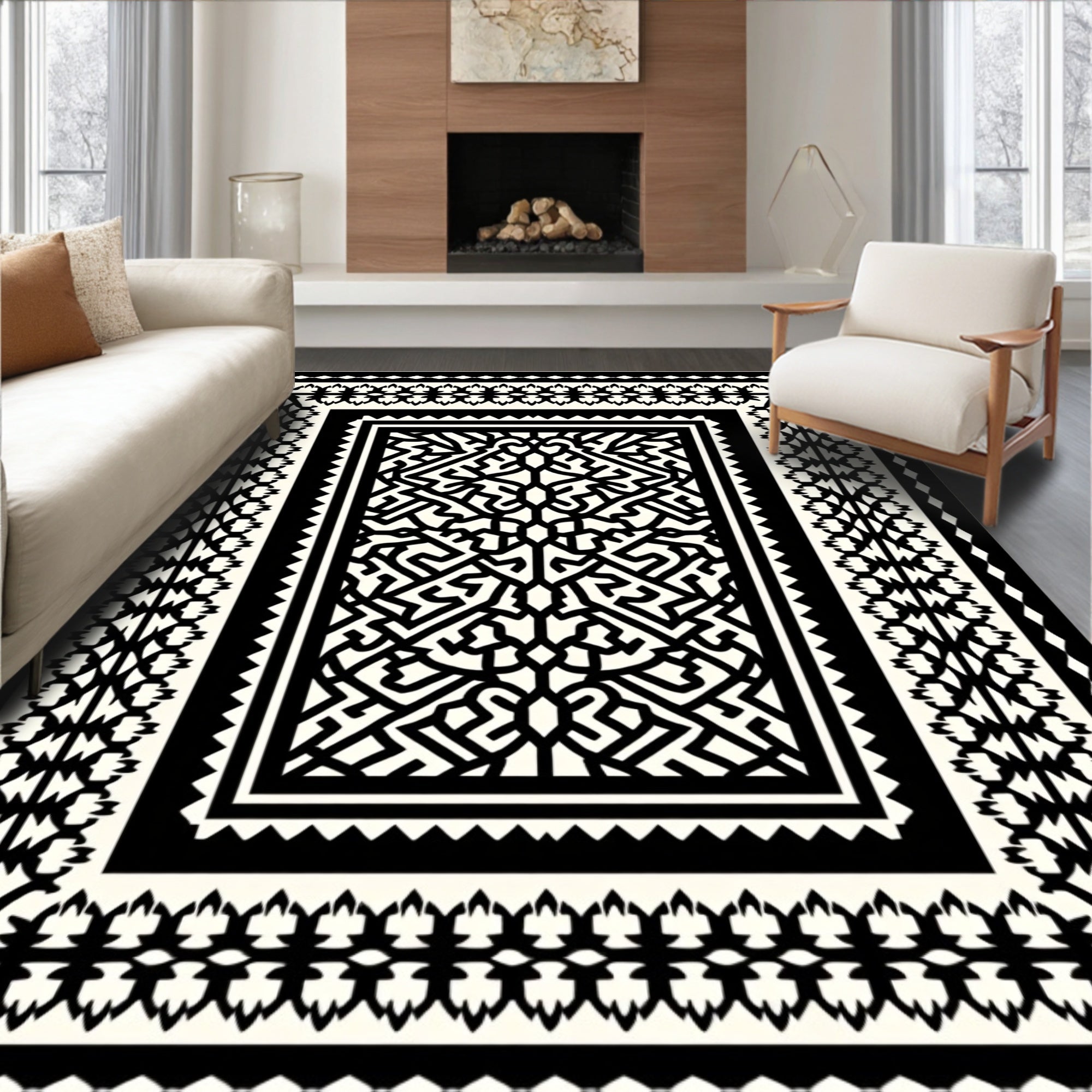Bold Ornate Pattern Black Ivory Rug
