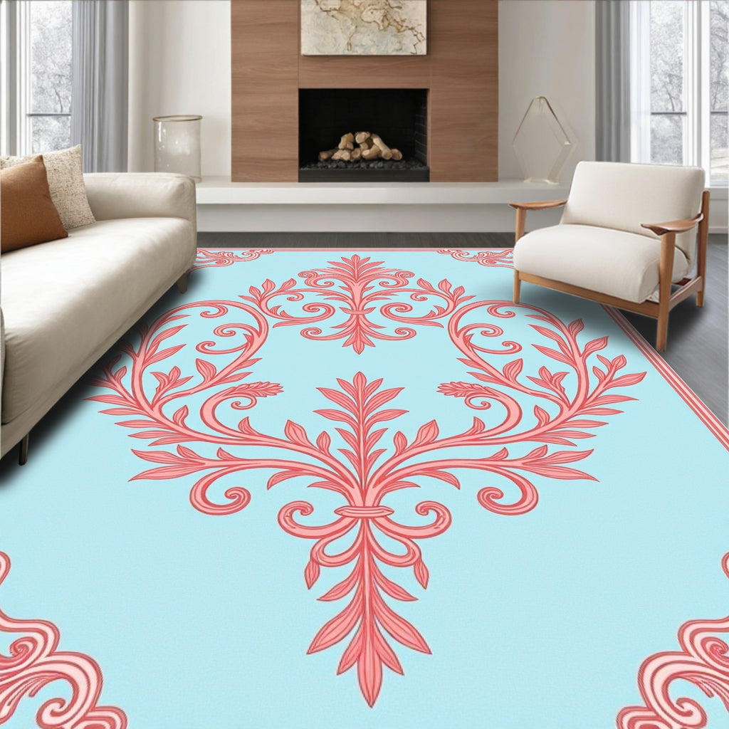 Coral Floral Scroll Patterned Rug