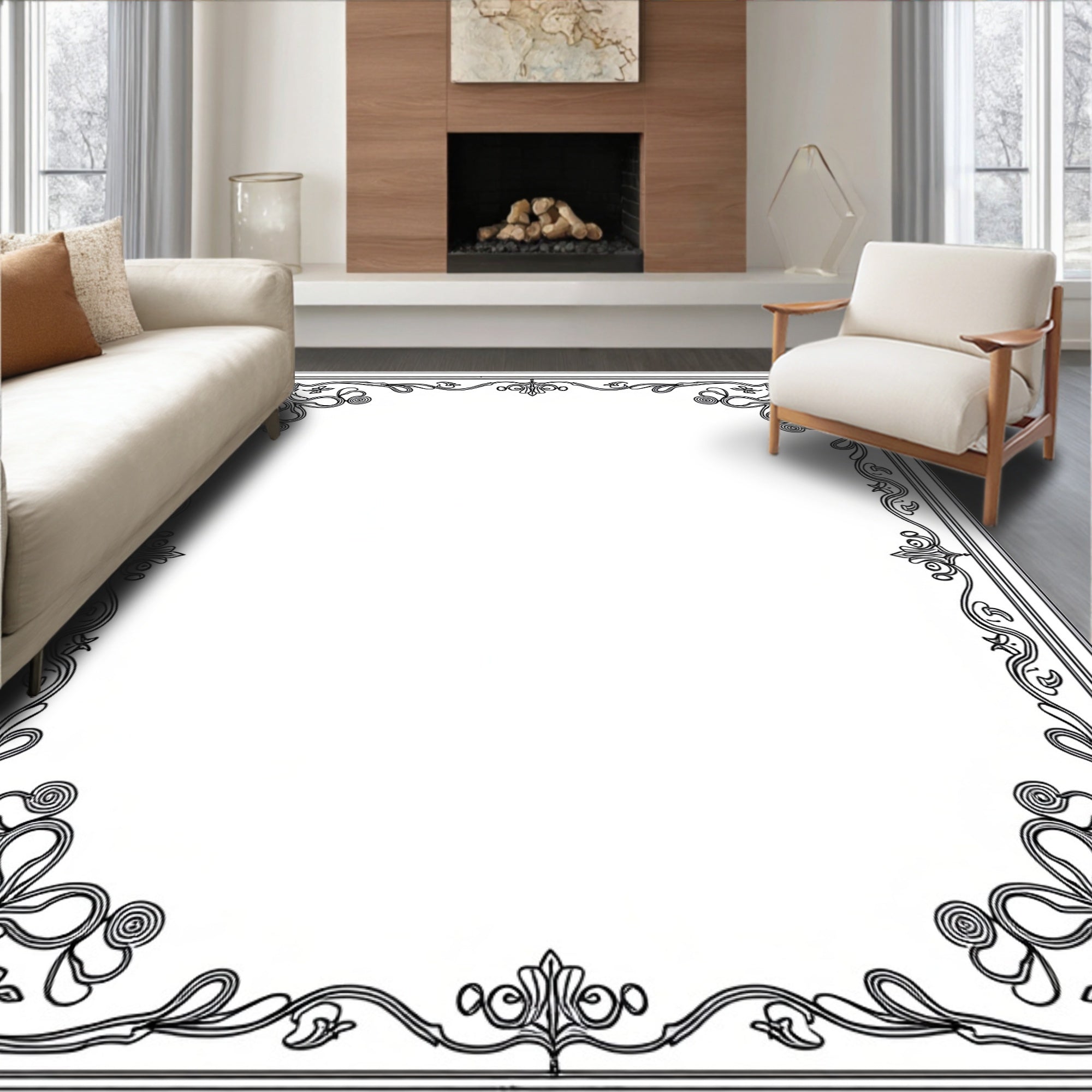 Art Nouveau Floral Black Scroll Border Rug