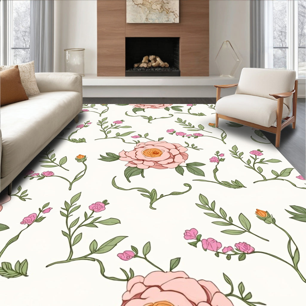 Pink Floral Garden Botanical Pattern Rug
