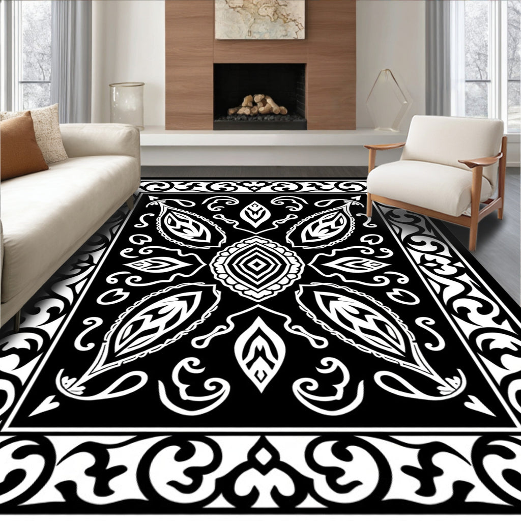 Monochromatic Paisley Leaf Pattern Rug