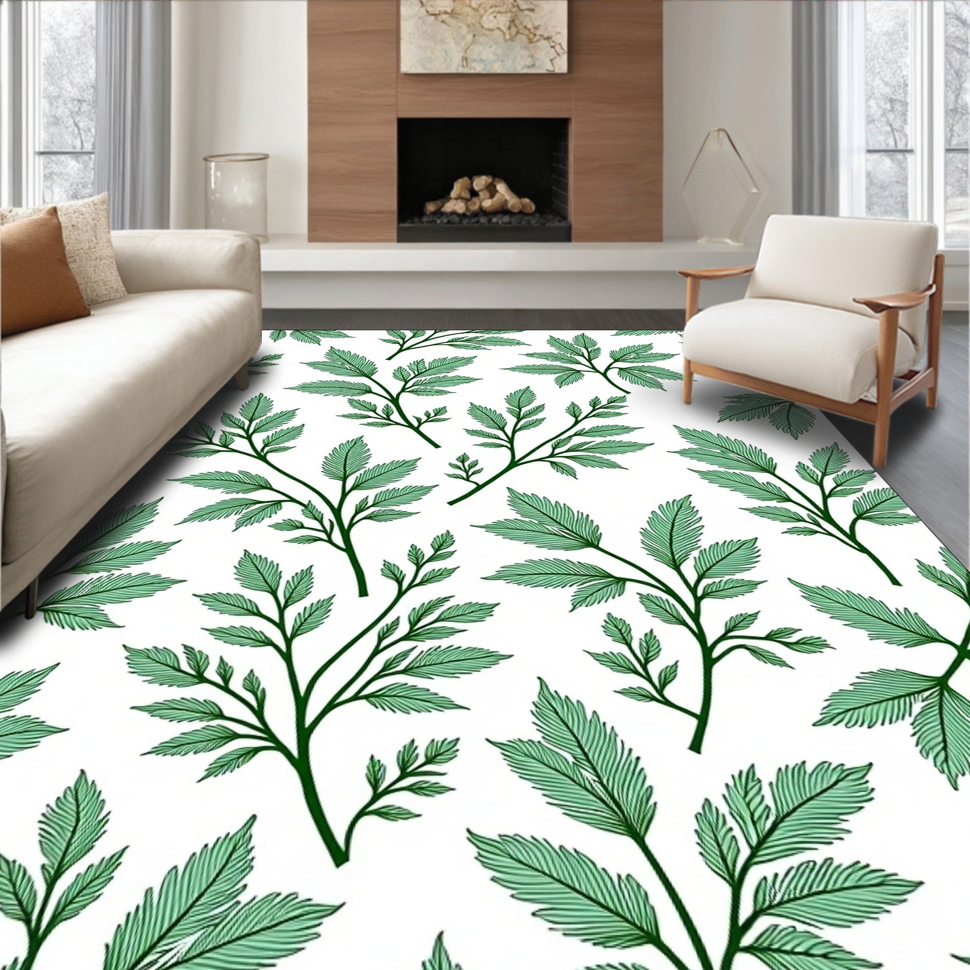Green Leafy Branch Pattern Rug