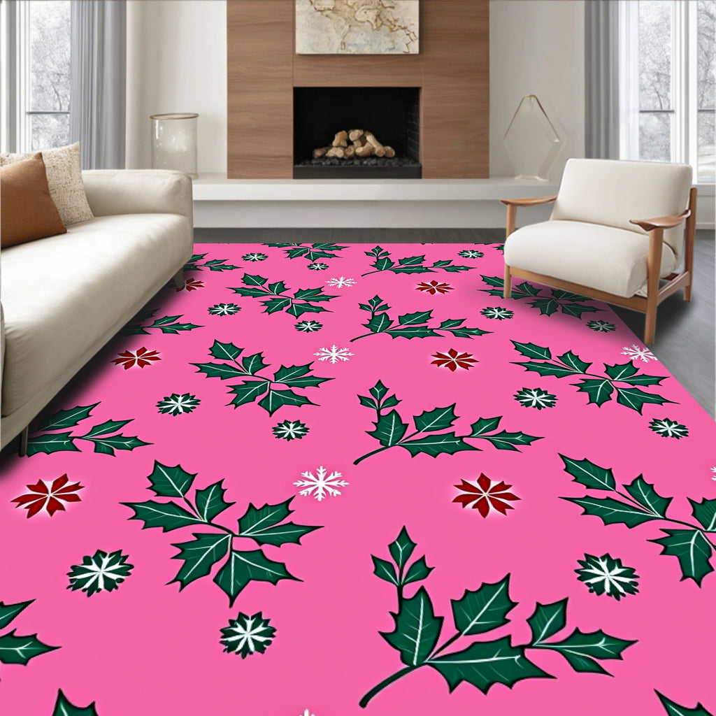 Pink Holly Leaf Snowflake Festive Rug