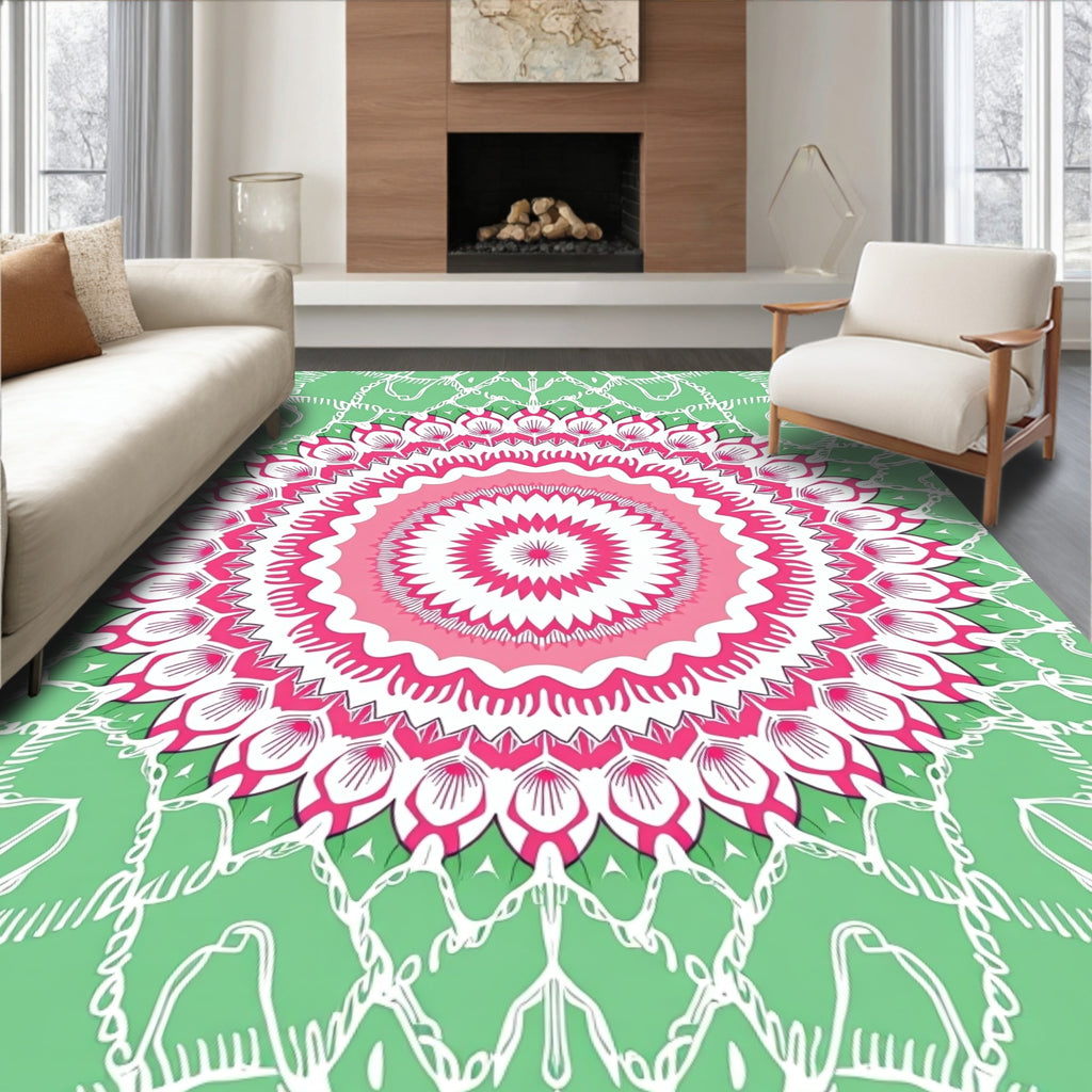 Symmetric Pink Green Floral Mandala Design Rug