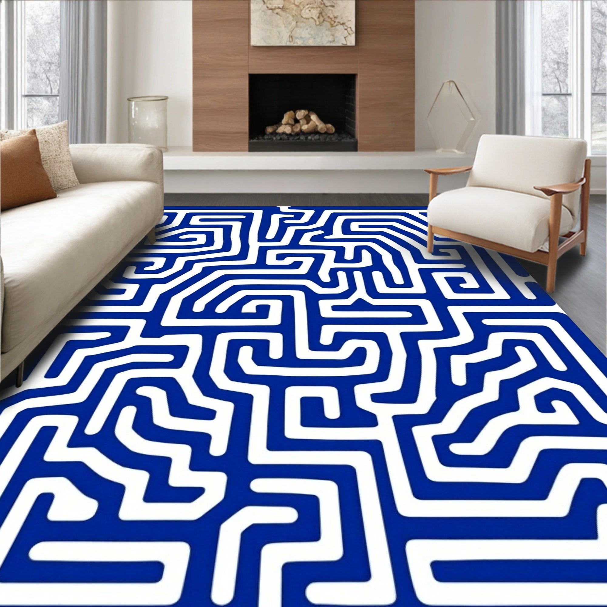 Bold Blue White Maze Pattern Rug