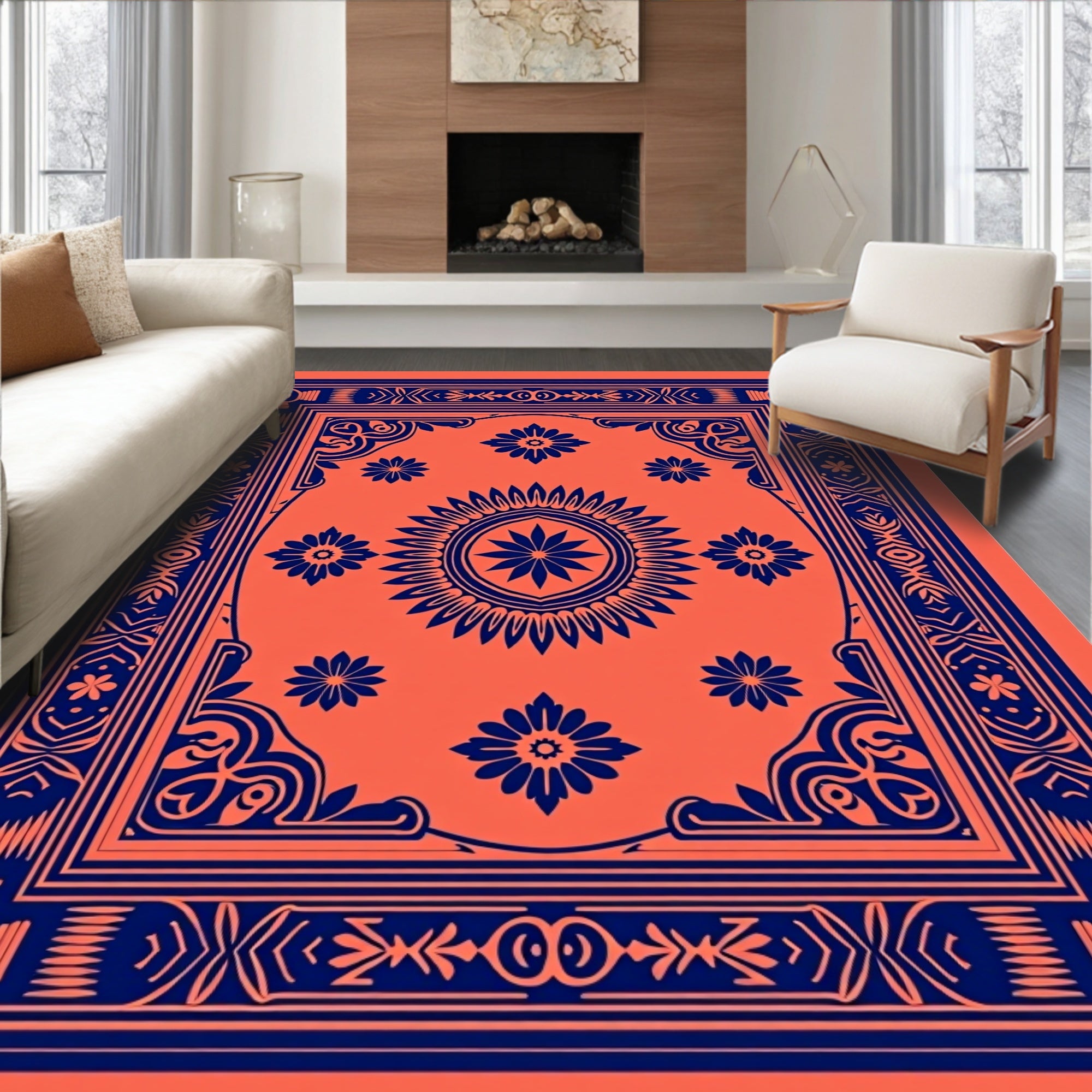 Orange And Blue Floral Pattern Rug