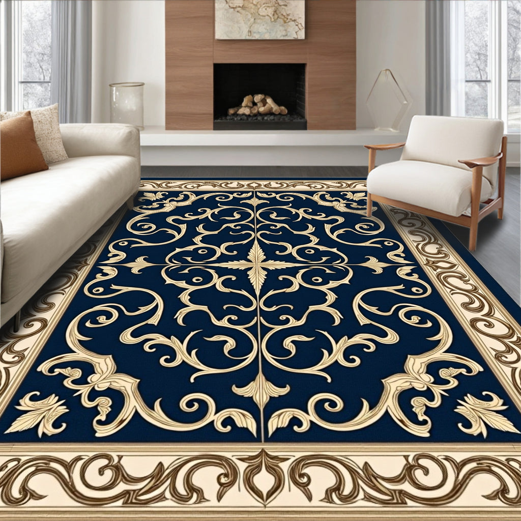 Ornate Scrollwork Navy Gold Accent Rug