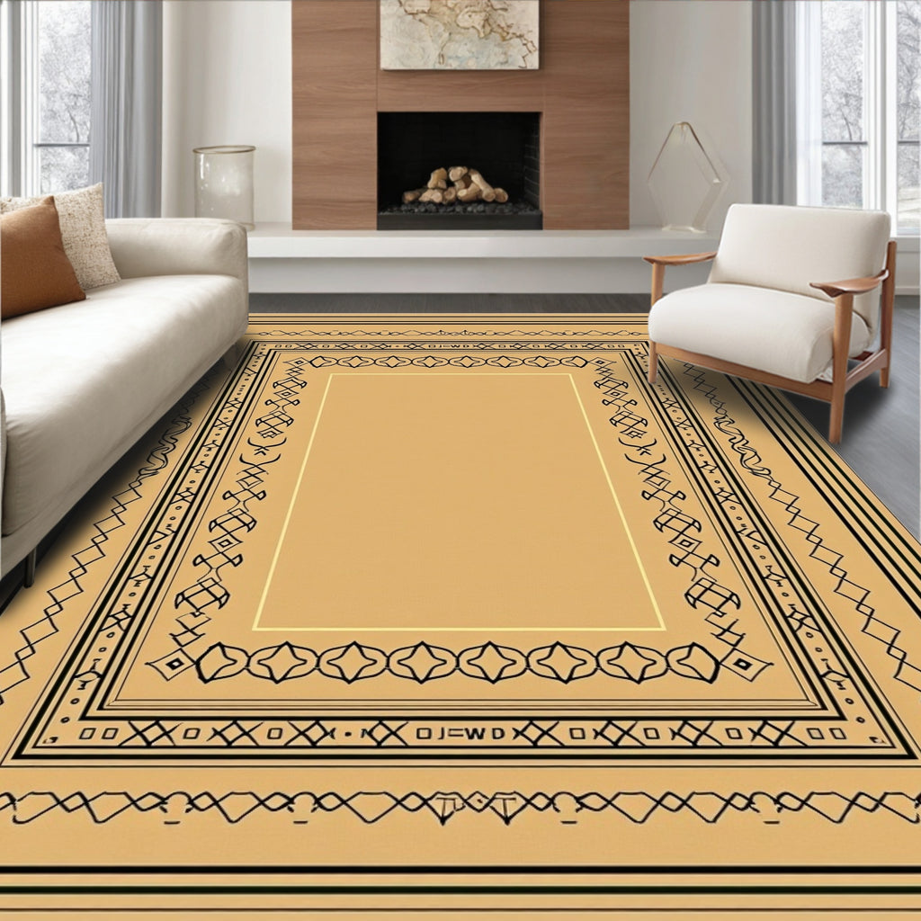 Ornate Black Gold Geometric Frame Design Rug