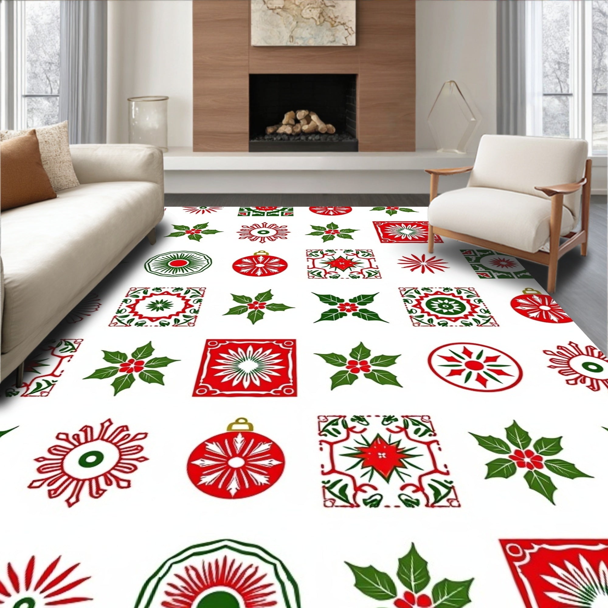 Festive Red Green Holly Ornaments Medallions Rug