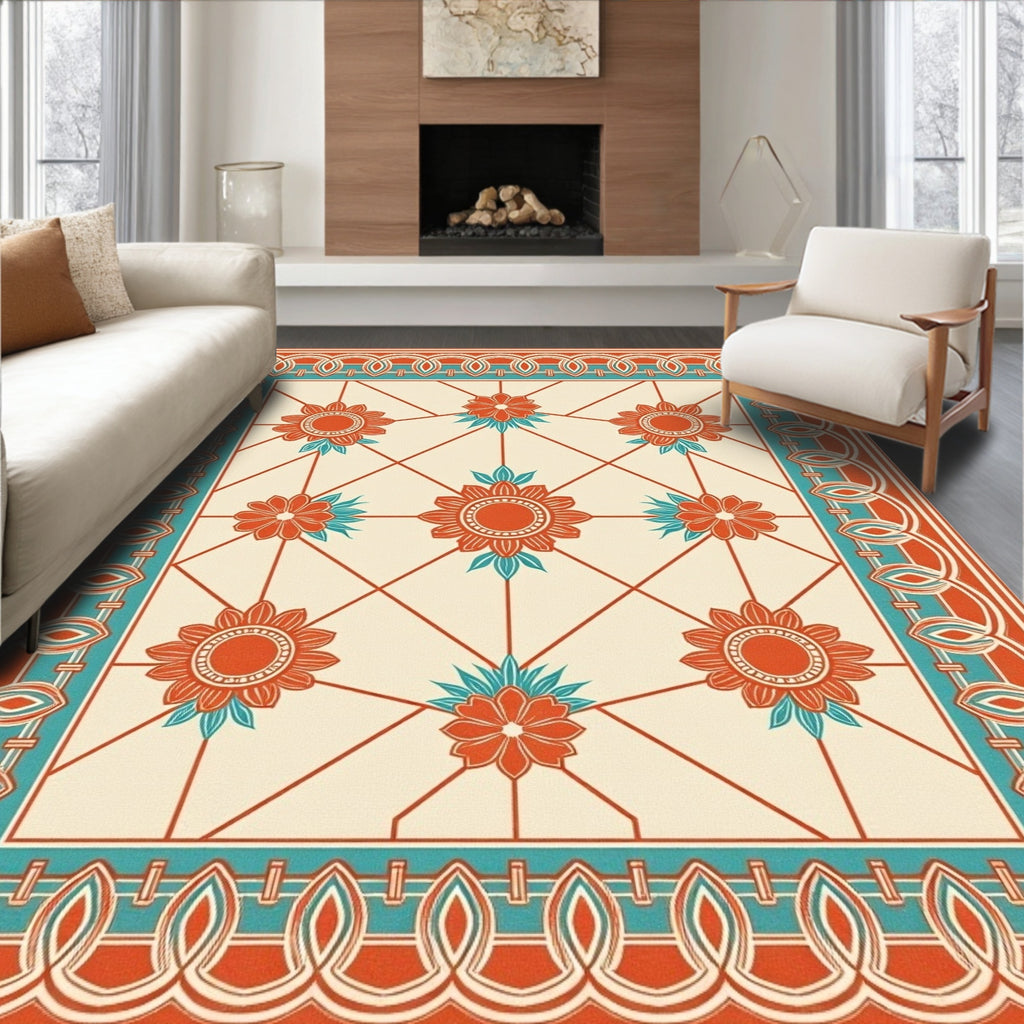Vintage Floral Patterned Geometric Rug