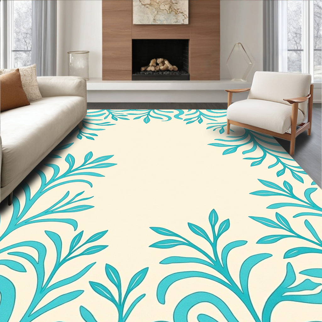 Turquoise Botanical Vines Pattern Rug