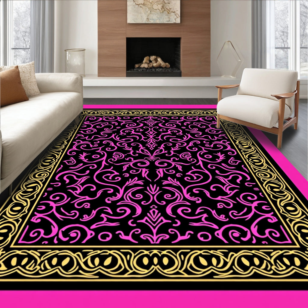 Vibrant Pink Gold Scrollwork Design Rug
