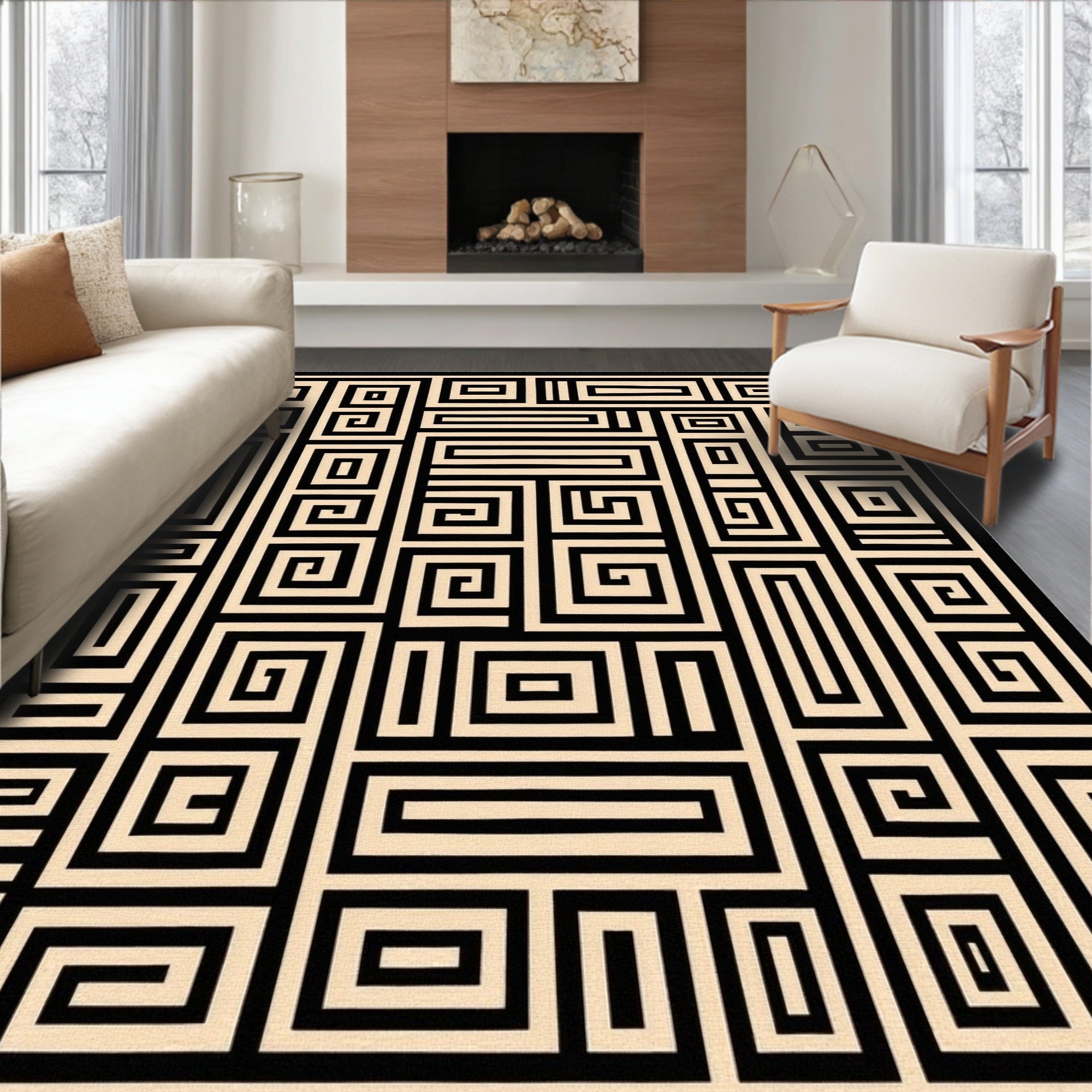 Geometric Black Cream Maze Design Rug