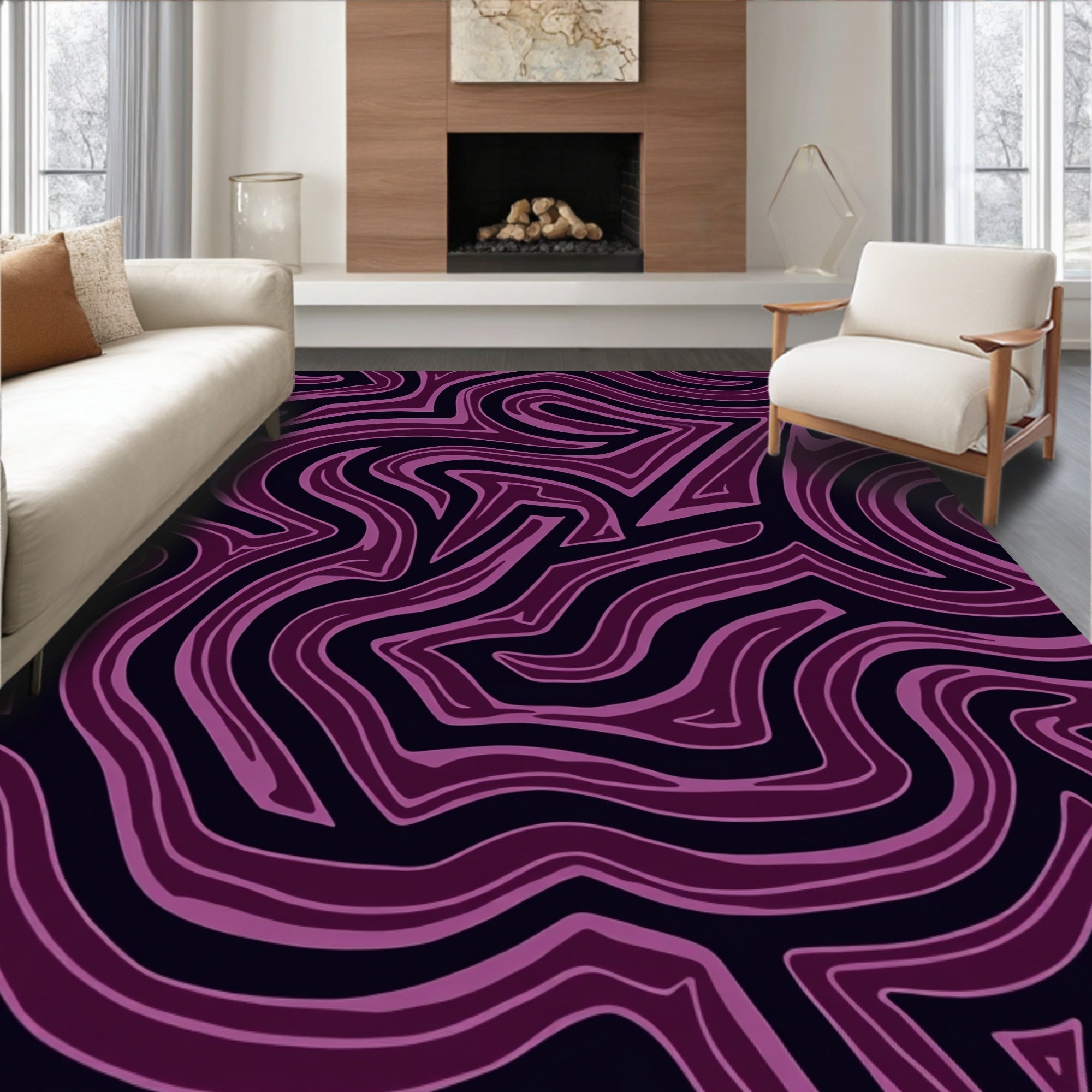 Abstract Swirling Purple Lines Pattern Rug