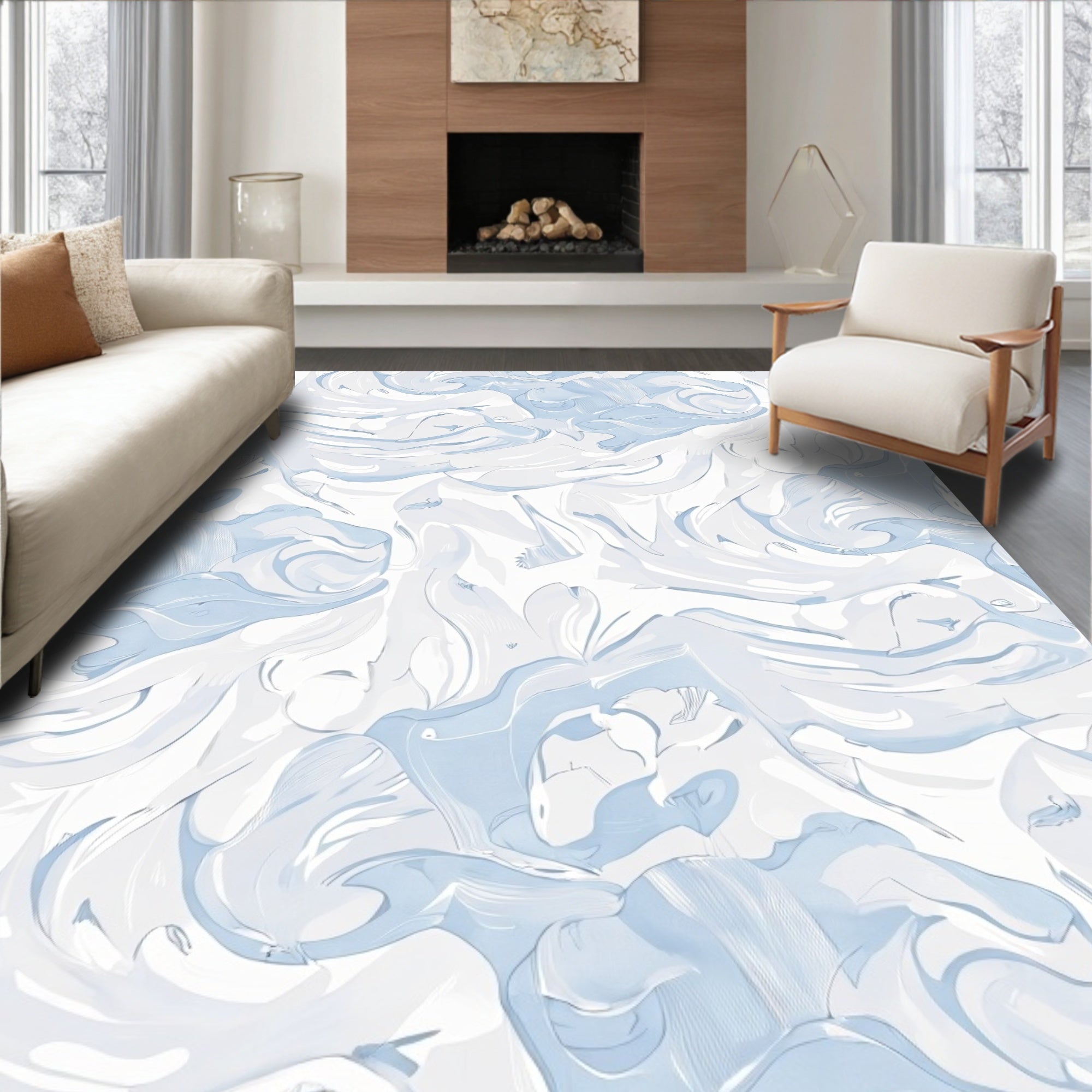 Soft Blue Swirling Marble Pattern Rug
