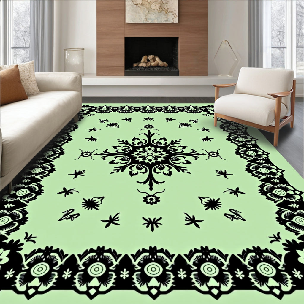 Ornate Floral Mandala Black Light Green Rug