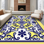 Ornate Blue Yellow Floral Patterned Rug